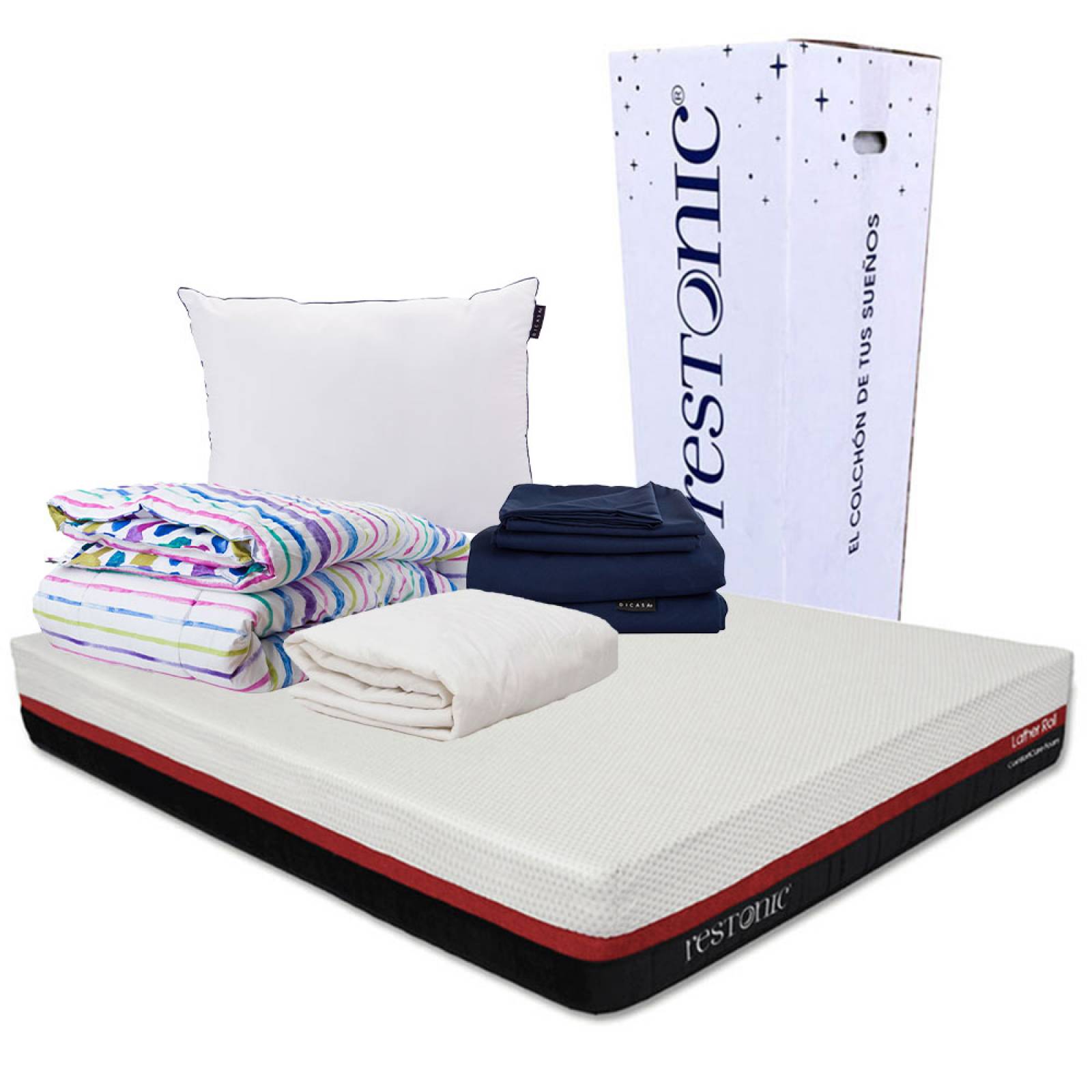 Colchón Individual Restonic Roll con Almohada One, Sábanas Softy, Protector y Edredon Verona