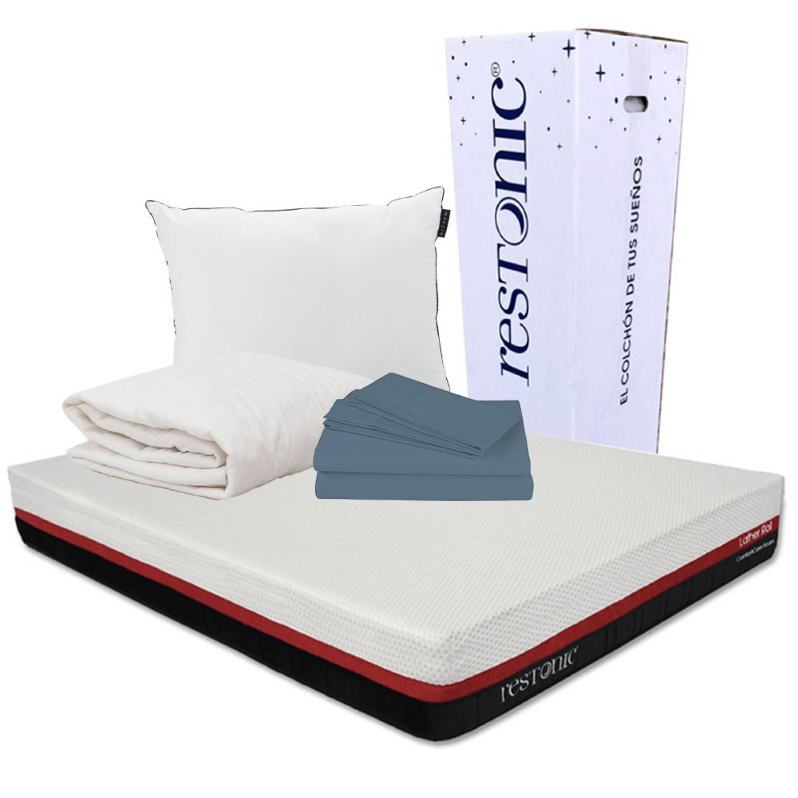 Colchon King Size Restonic Roll con Almohada One, Sabanas y Protector