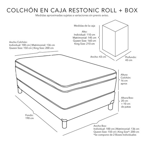 Colchón Matrimonial Restonic Roll con Box Negro y Almohada 2 Pack