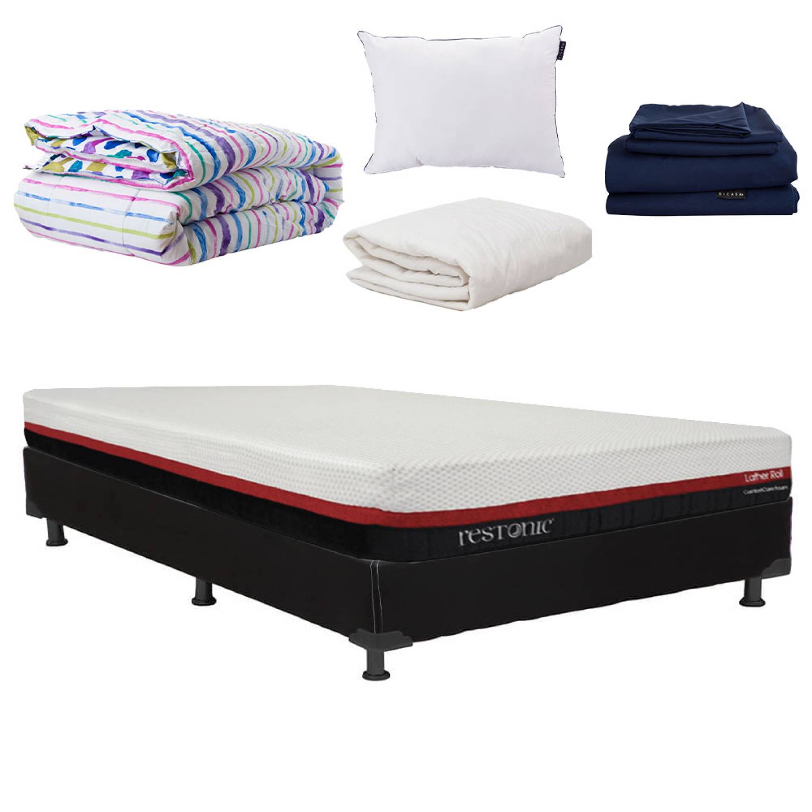 Colchon Matrimonial Restonic Roll con Box Negro, Almohada One, Sabanas Softy, Protector y Edredon