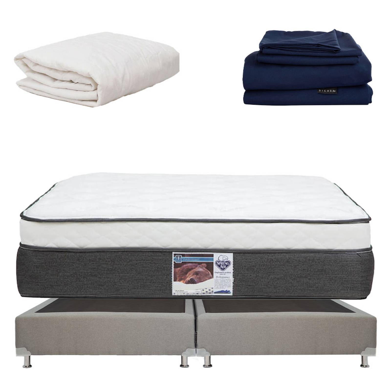 Colchón King Size Spring Air United con Box Gris, Sabanas Softy y Protector