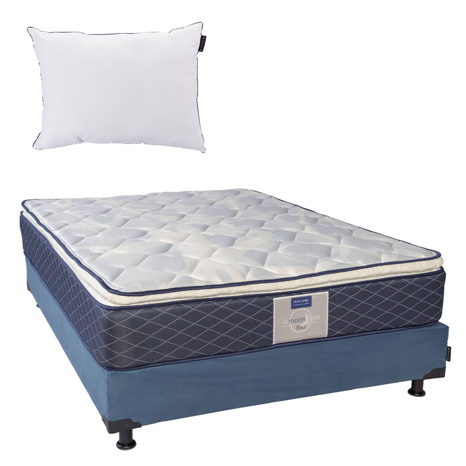 Colchón Matrimonial Restonic Seul con Box Azul y  Almohada One
