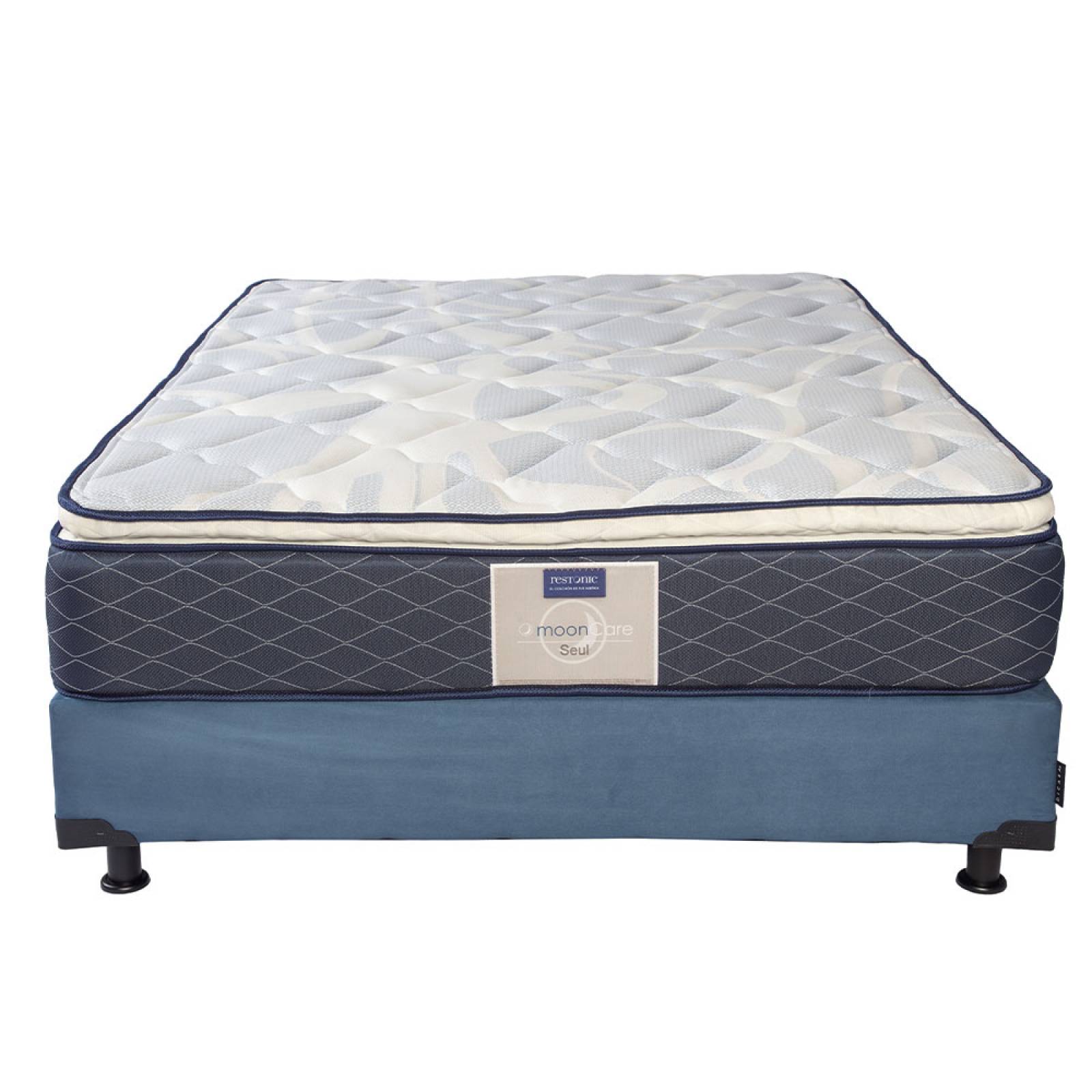 Colchón Matrimonial Restonic Seul con Box Azul y  Almohada One
