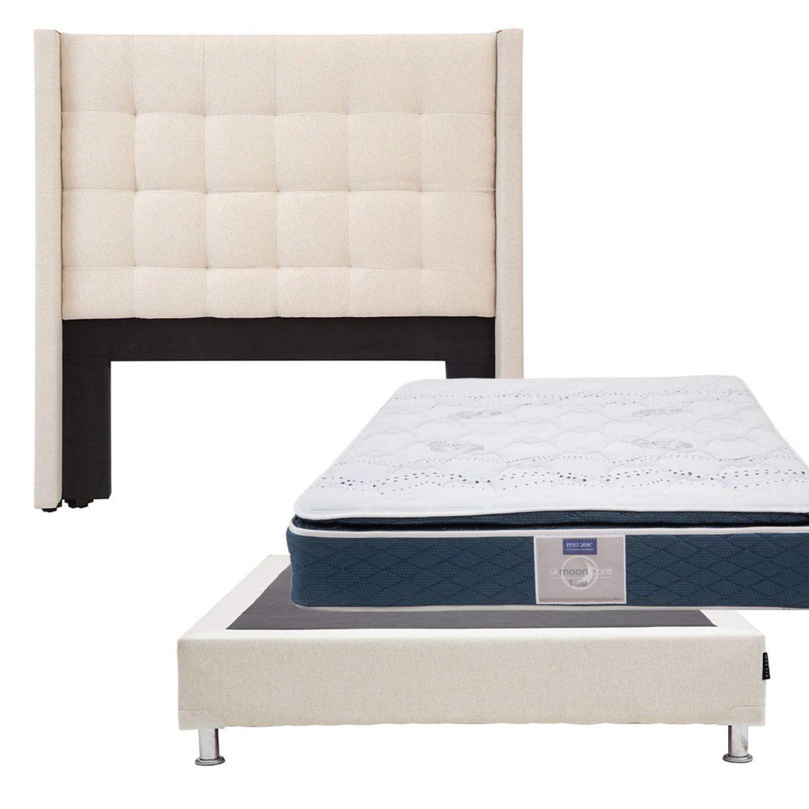 Colchon Matrimonial Restonic Trust Con Cabecera Titan y Box Gris Beige
