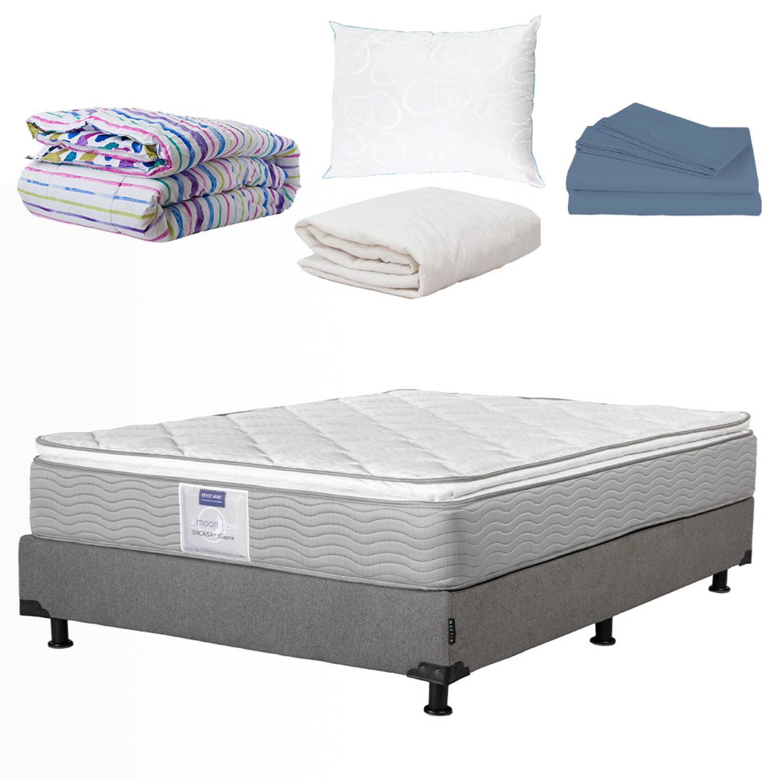 Colchon Queen Size Dicasa Cupra Con Box Plata, Almohada Oso, Protector, Sabanas y Edredon