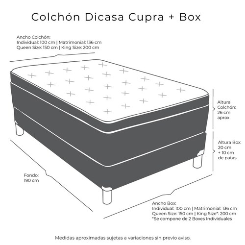 Colchon Queen Size Dicasa Cupra Con Box Plata y Sabanas