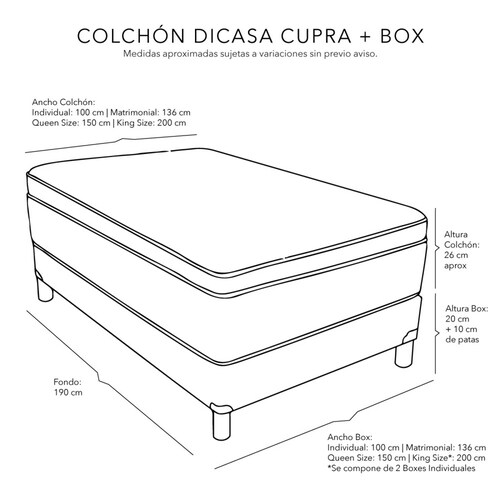 Colchon Matrimonial Dicasa Cupra Con Box Plata y Sabanas Softy