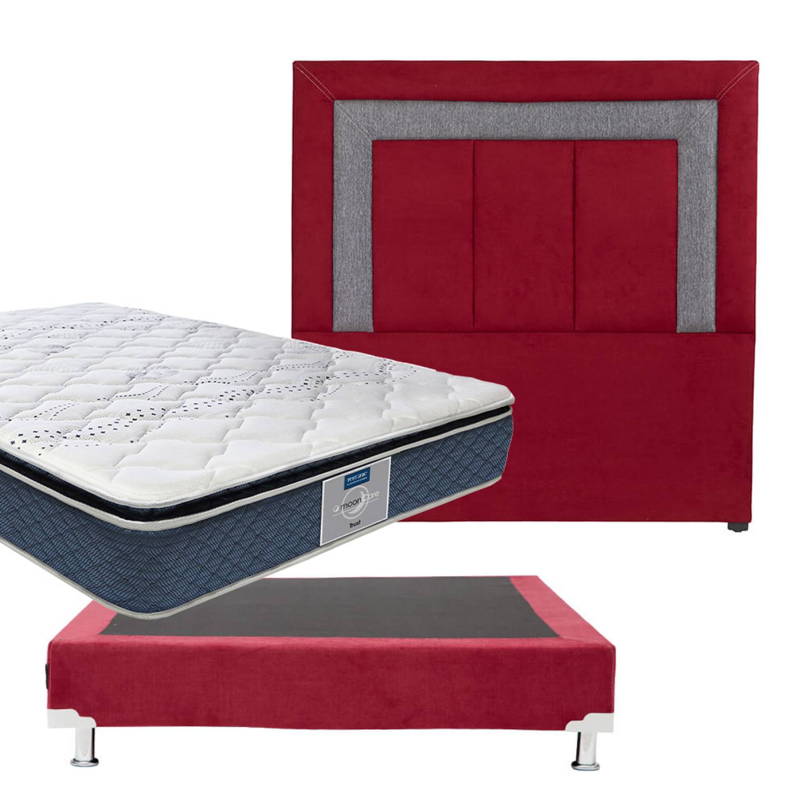 Colchon Matrimonial Restonic Trust Con Cabecera Bora y Box Rojo Con Gris
