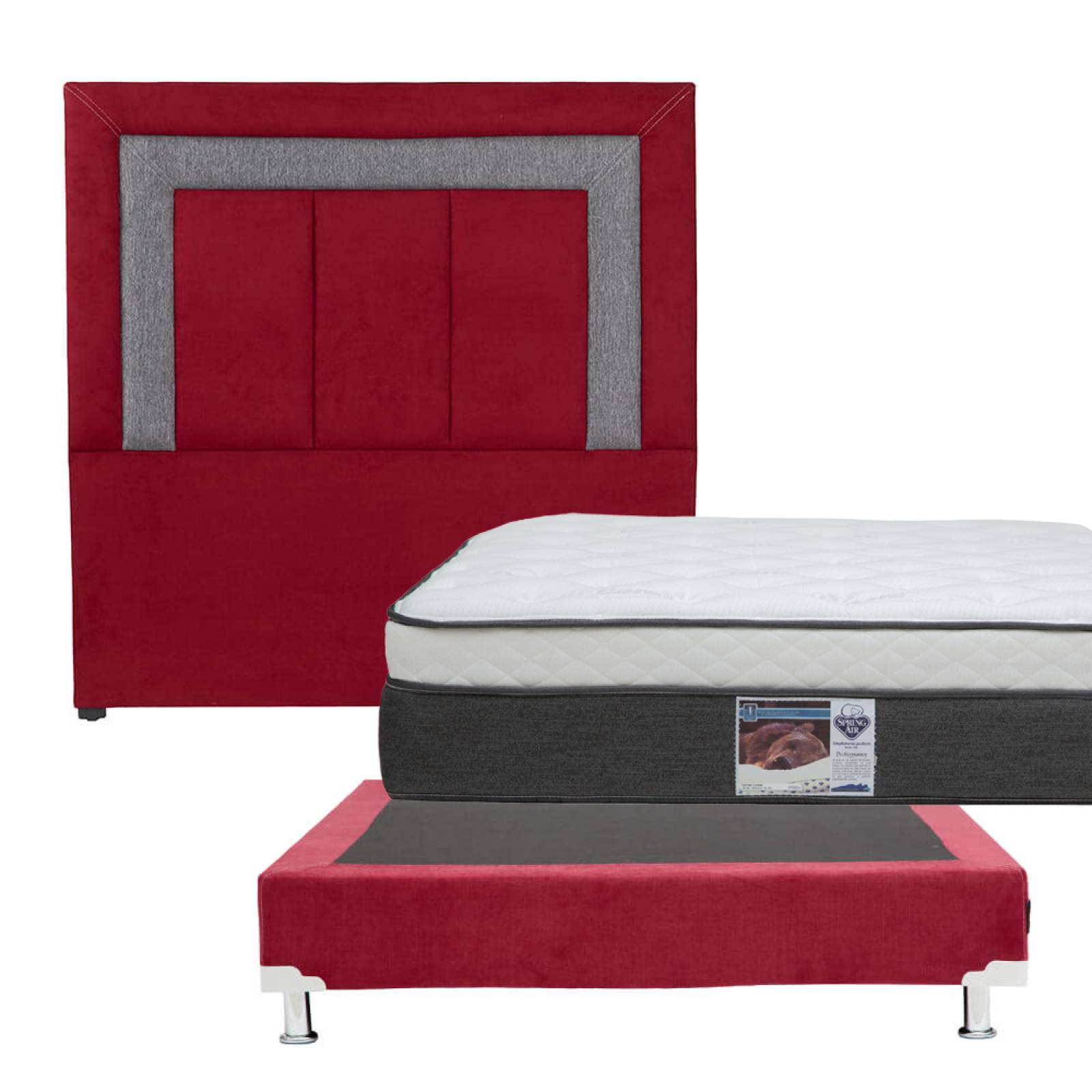 Colchon Matrimonial Spring Air United Con Cabecera Bora y Box Rojo Con Gris