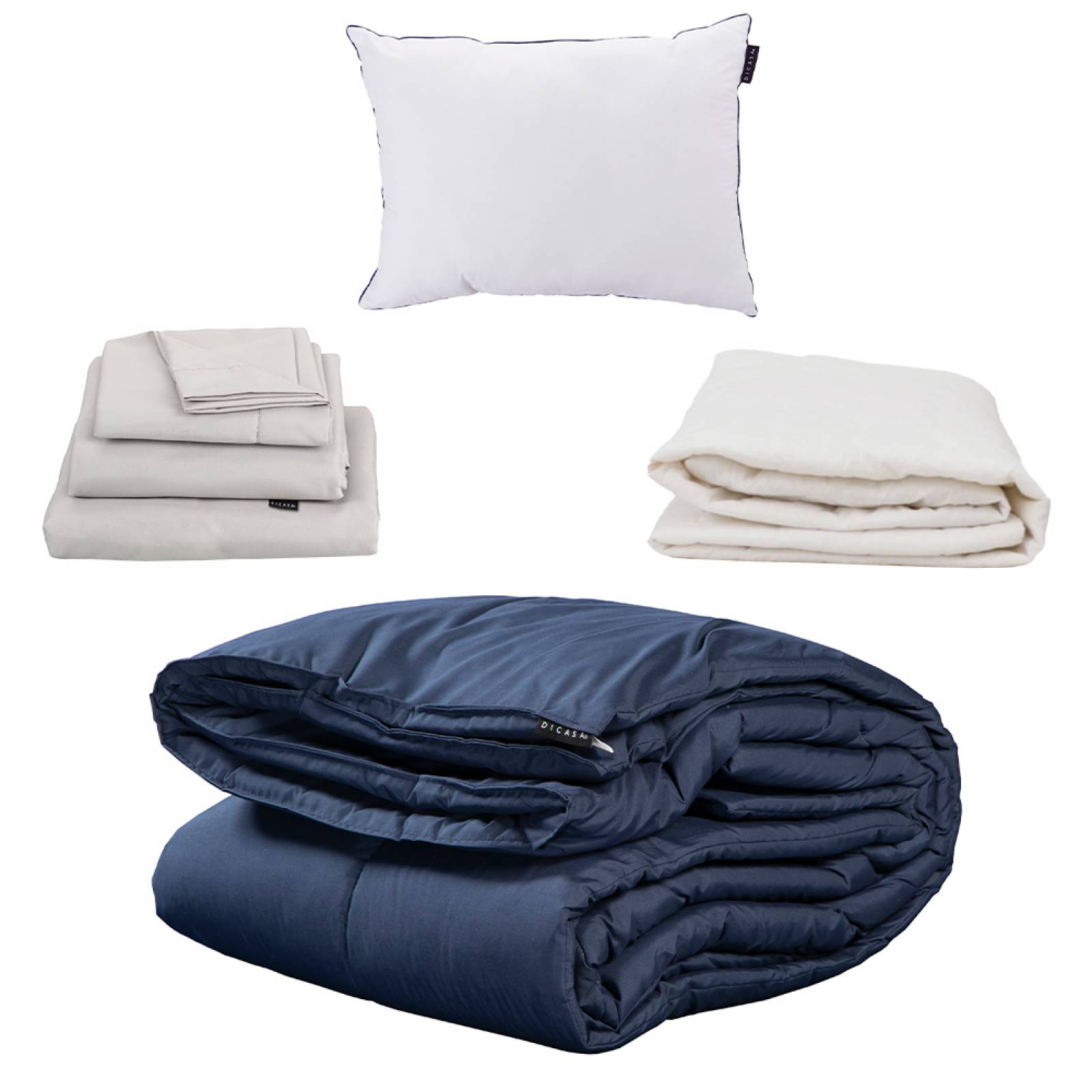 Edredon Individual Dicasa Homy Azul Marino con Sabanas Softy Gris Perla, Almohada One y Protector