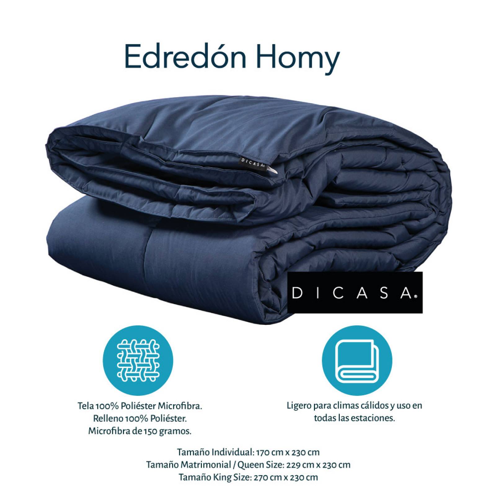 Edredon Individual Dicasa Homy Azul Marino con Sabanas Softy Gris Perla, Almohada One y Protector