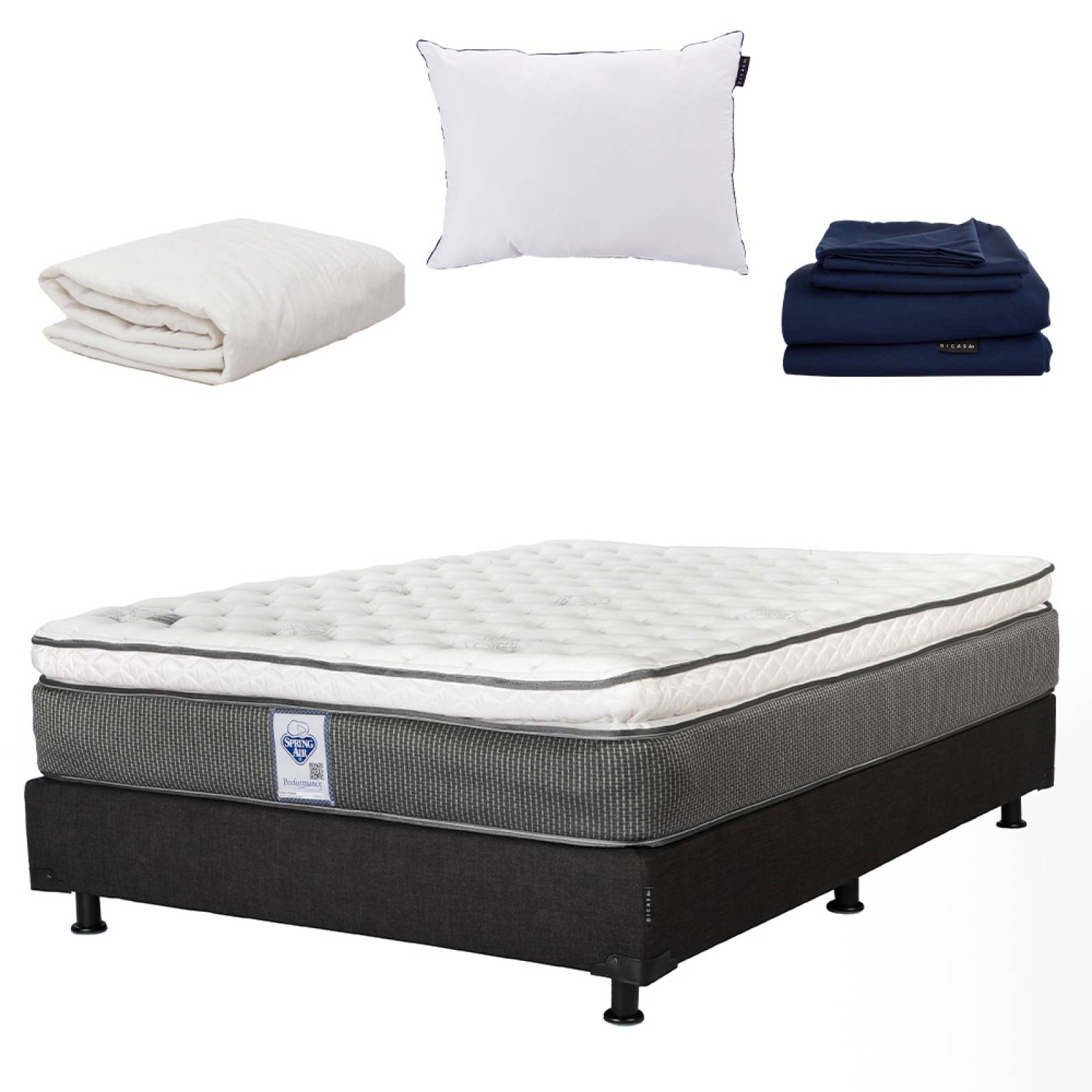 Colchon Queen Size Spring Air Phantom Con Box Negro, Almohada One, Protector y Sabanas Softy