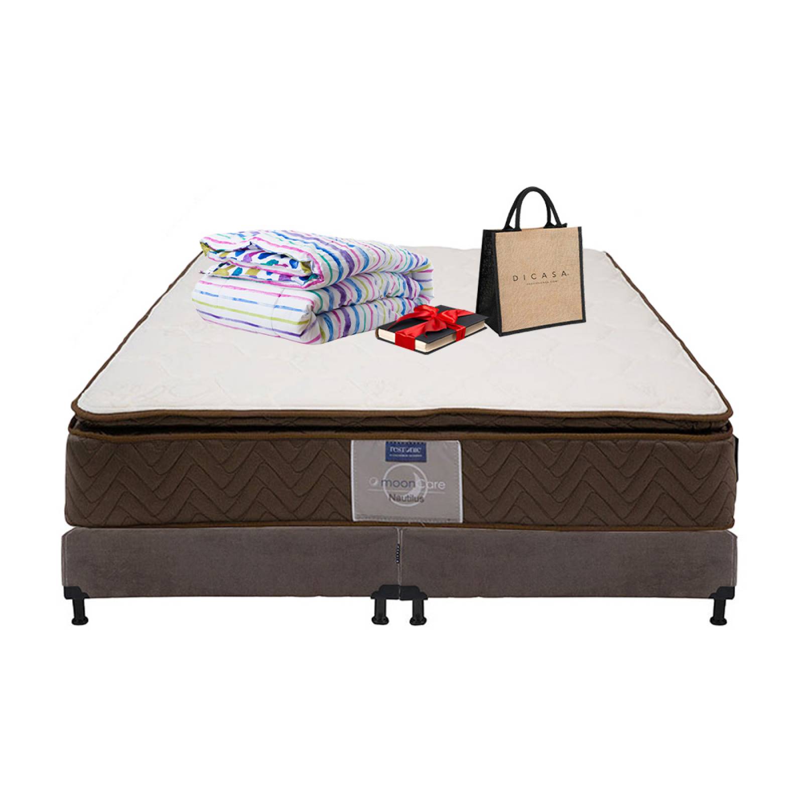 Colchon King Size Restonic Nautilus con Box Dicasa Chocolate y Edredon