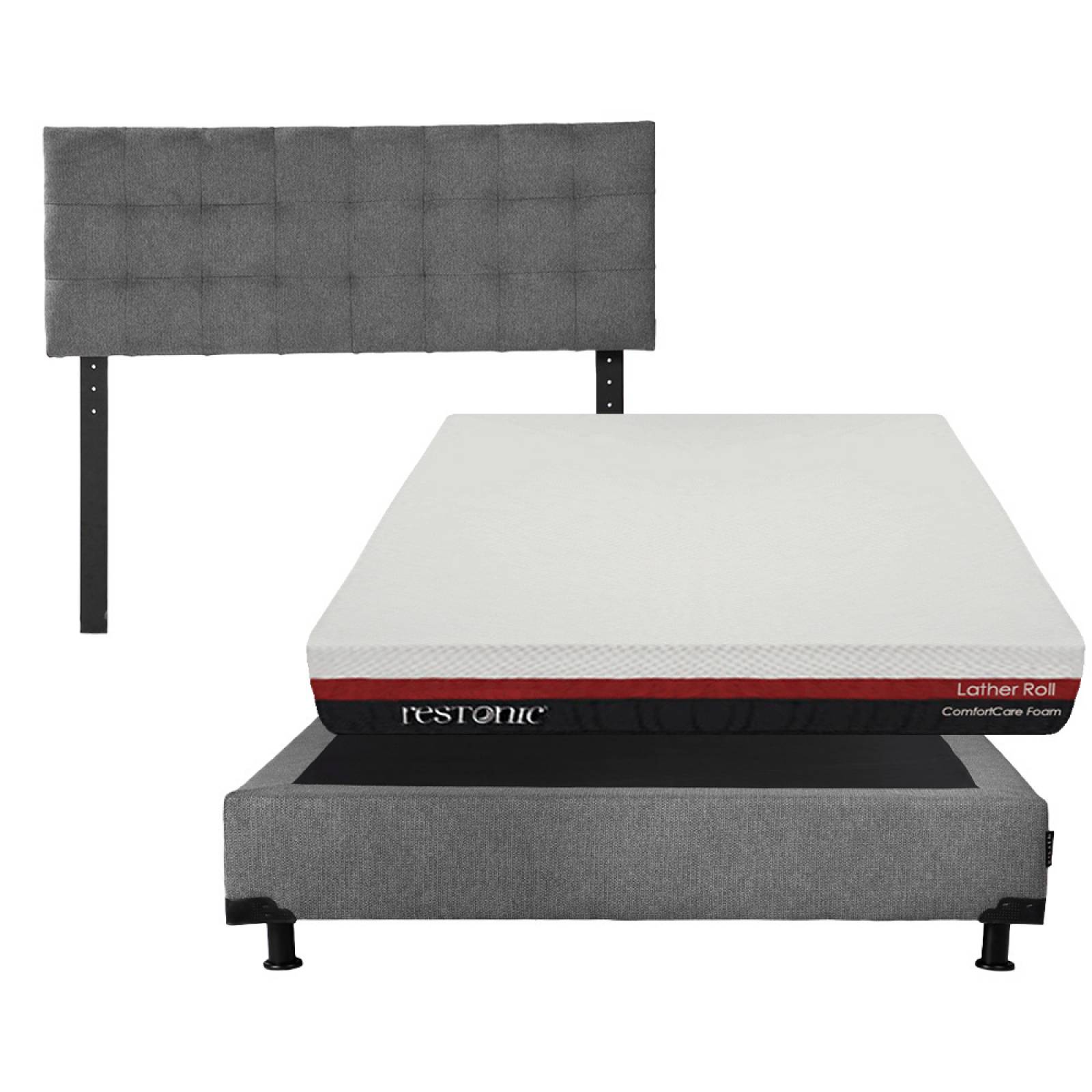 Colchón Matrimonial Restonic Roll con Cabecera Dicasa Catania y Box Rivoli Gris