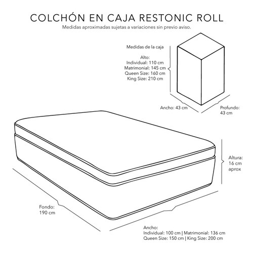 Colchón Matrimonial Restonic Roll con Cabecera Dicasa Sigma y Box Rivoli Gris