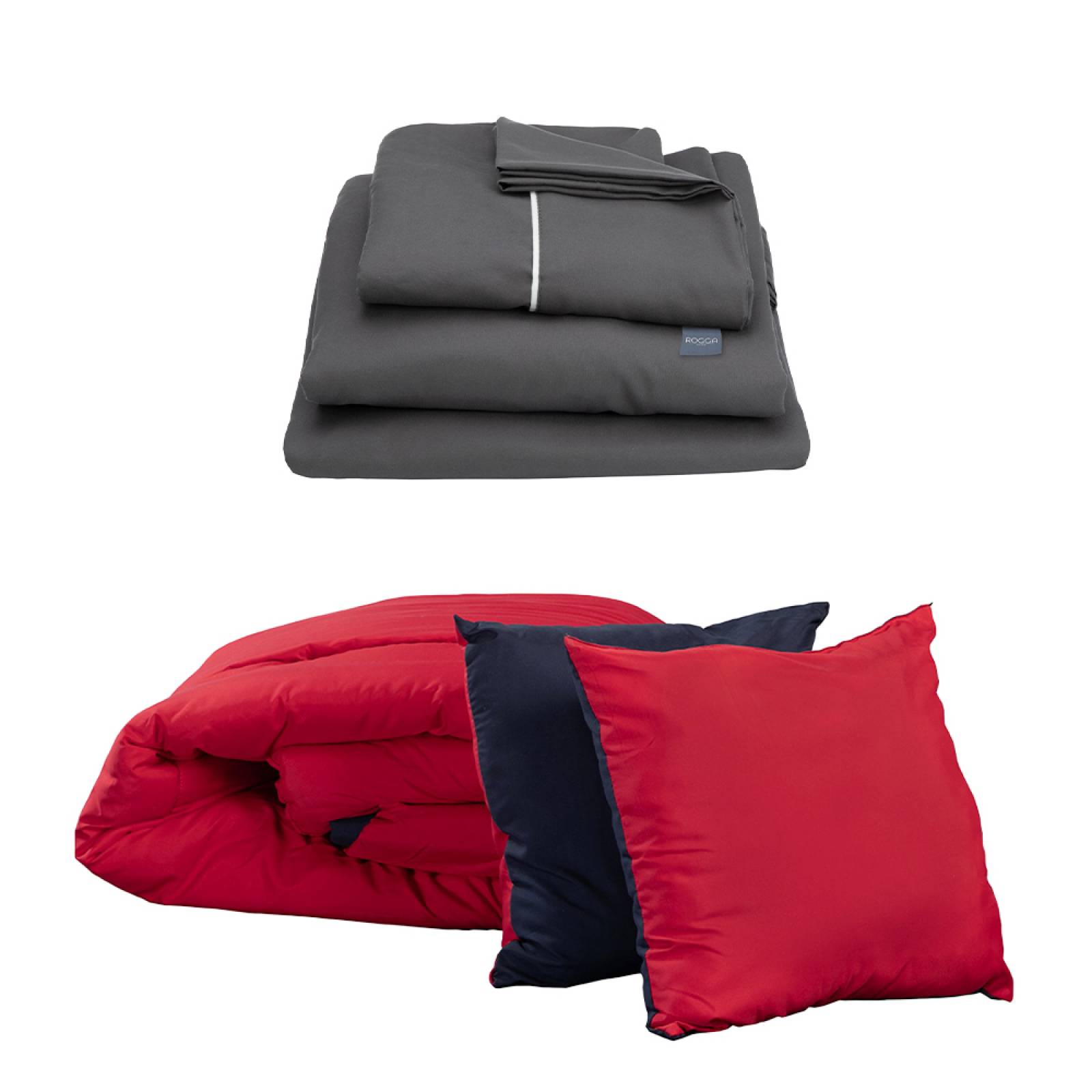 Edredon Queen Size Dicasa Couzy Doble Vista Rojo con Azul y Sábanas Royal Gris
