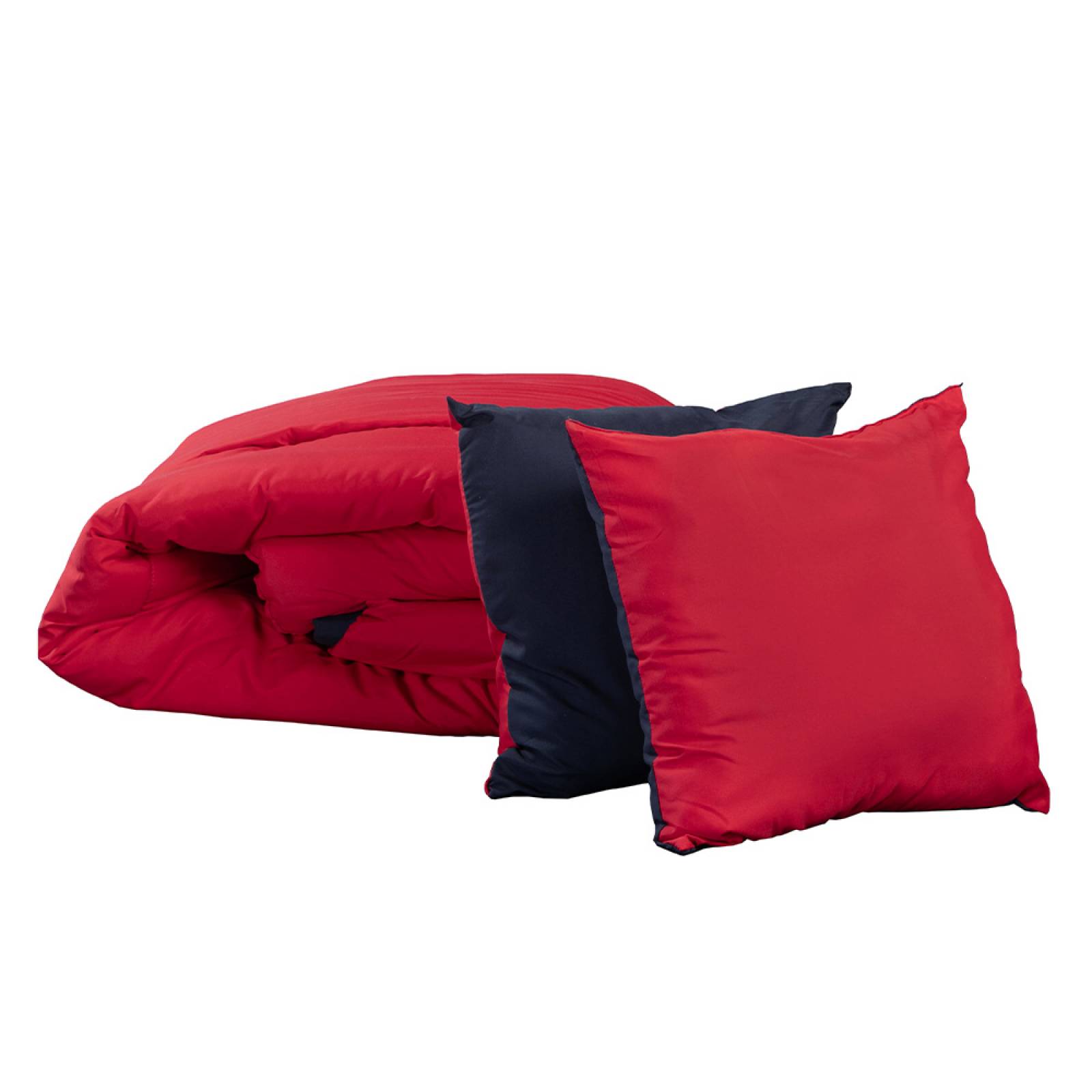 Edredon Queen Size Dicasa Couzy Doble Vista Rojo con Azul y Sábanas Royal Gris