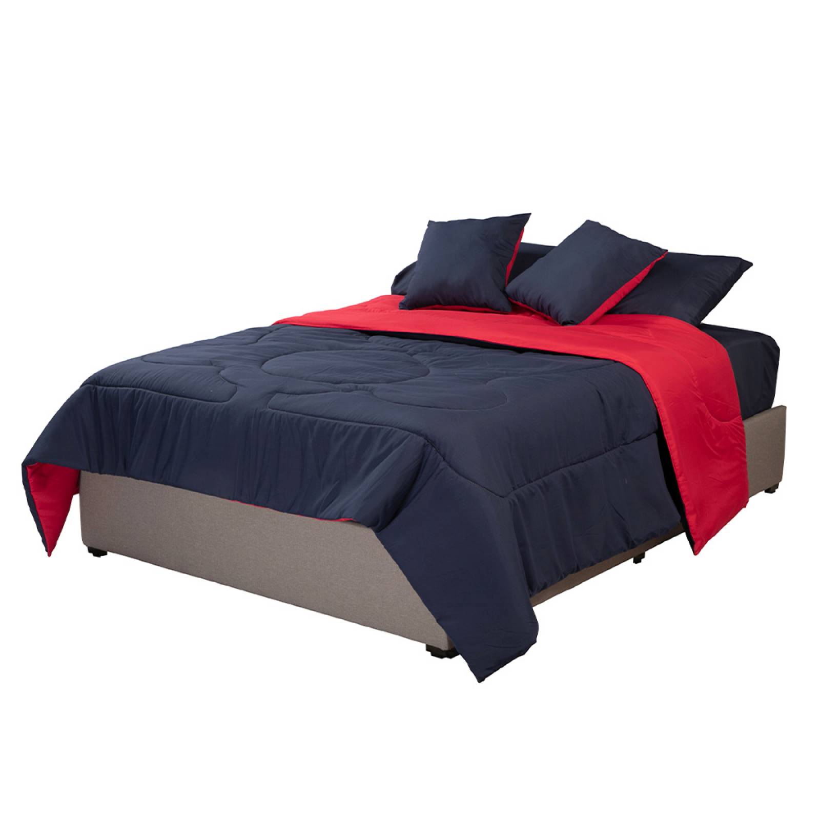 Edredon Queen Size Dicasa Couzy Doble Vista Rojo con Azul y Sábanas Royal Gris