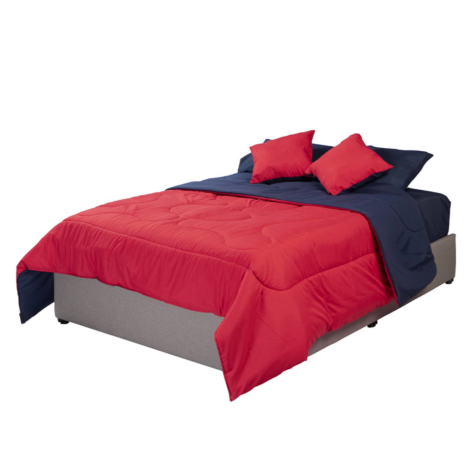 Edredon Queen Size Dicasa Couzy Doble Vista Rojo con Azul y Sábanas Royal Gris