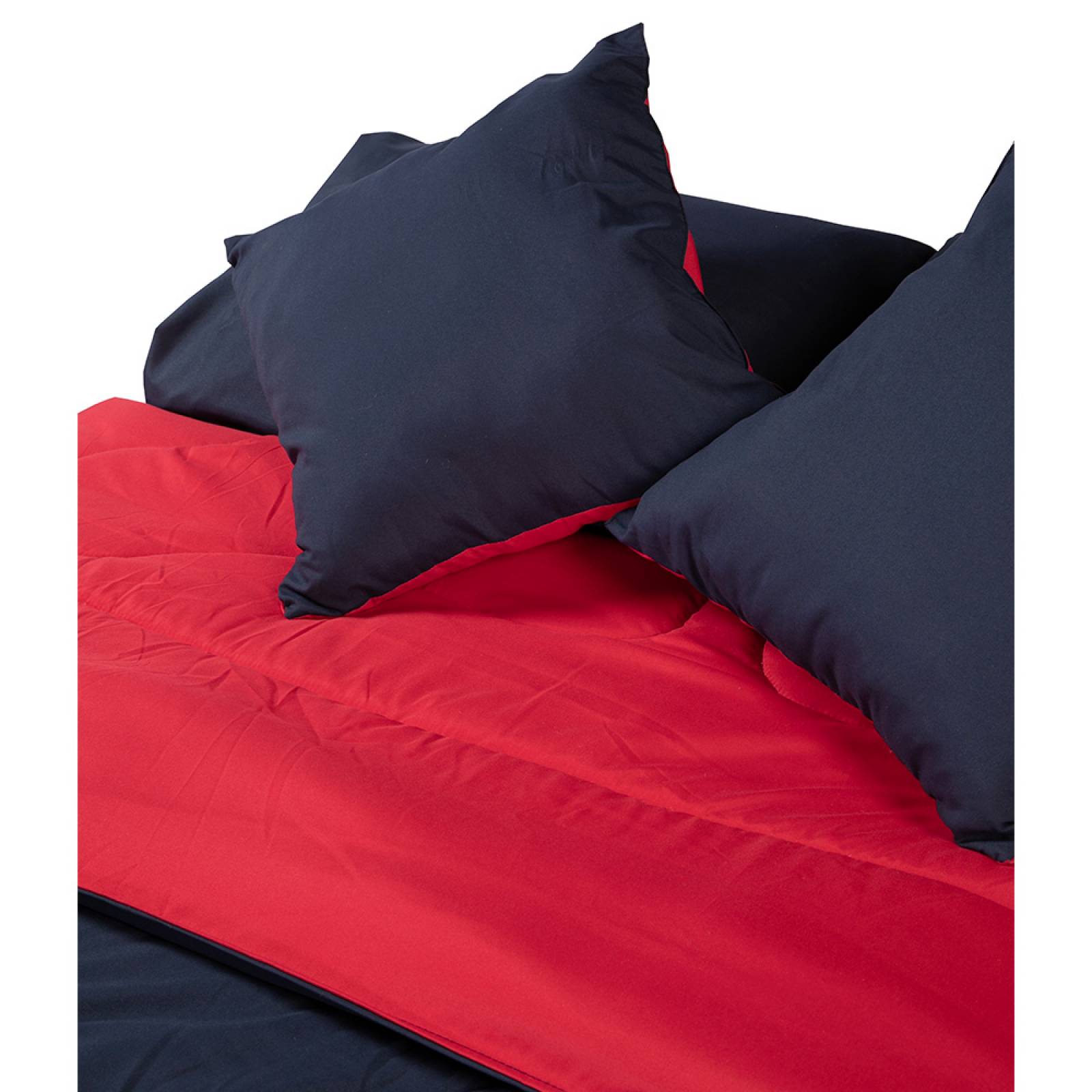 Edredon Queen Size Dicasa Couzy Doble Vista Rojo con Azul y Sábanas Royal Gris