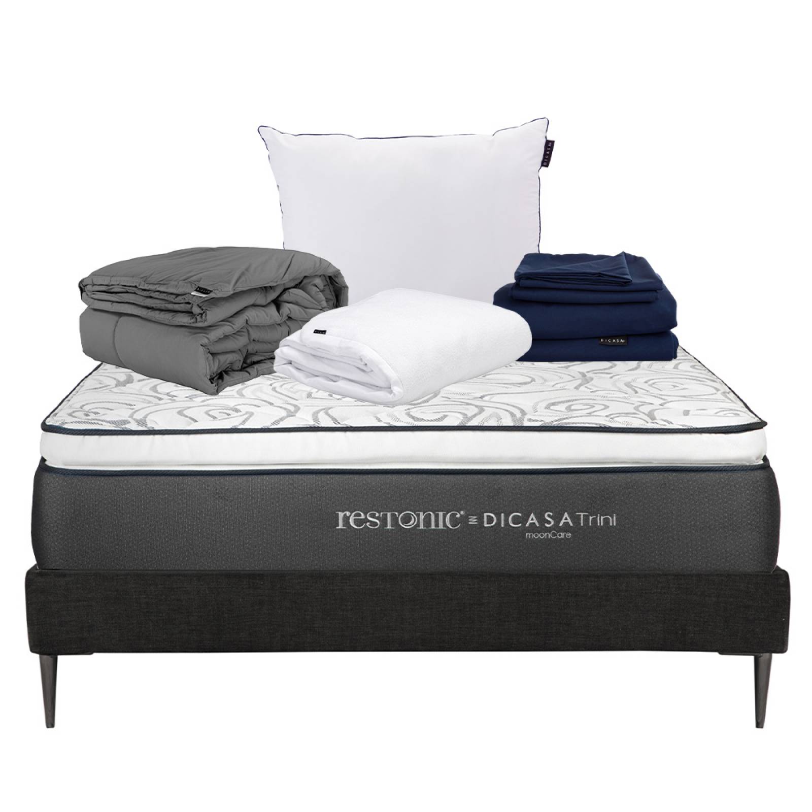 Colchón Matrimonial Dicasa Trini con Base Cama Slim Azul, Protector Cloud, Sábanas Softy, Almohada One y Edredon