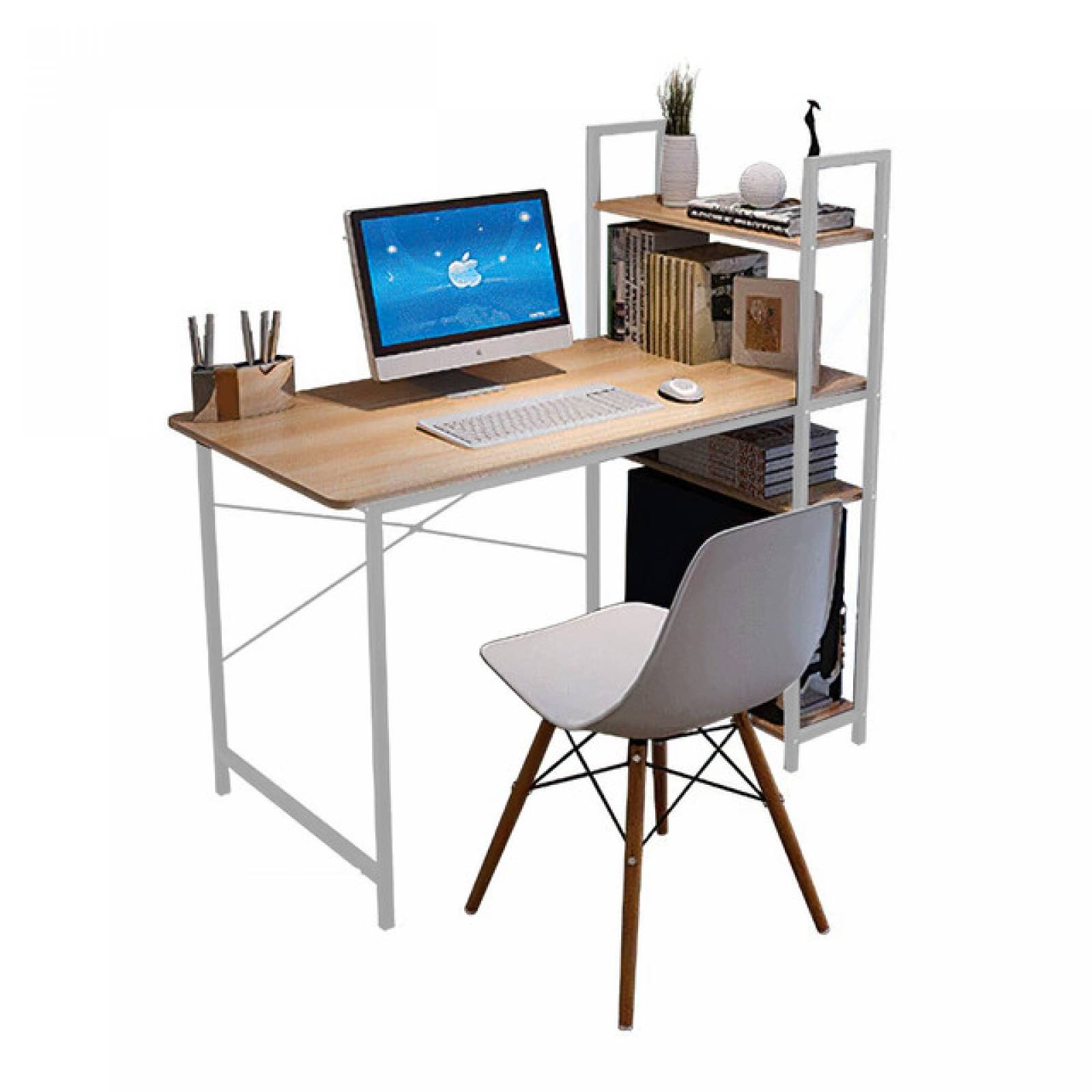 Escritorio para computadora con estantes color maple estructura blanca
