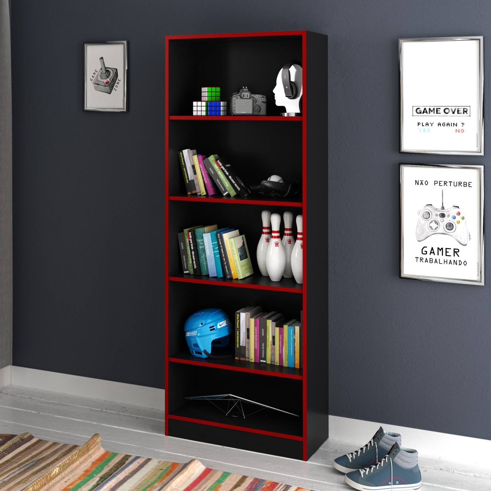 Mueble Librero Estante Oficina Negro Rojo ME41410007