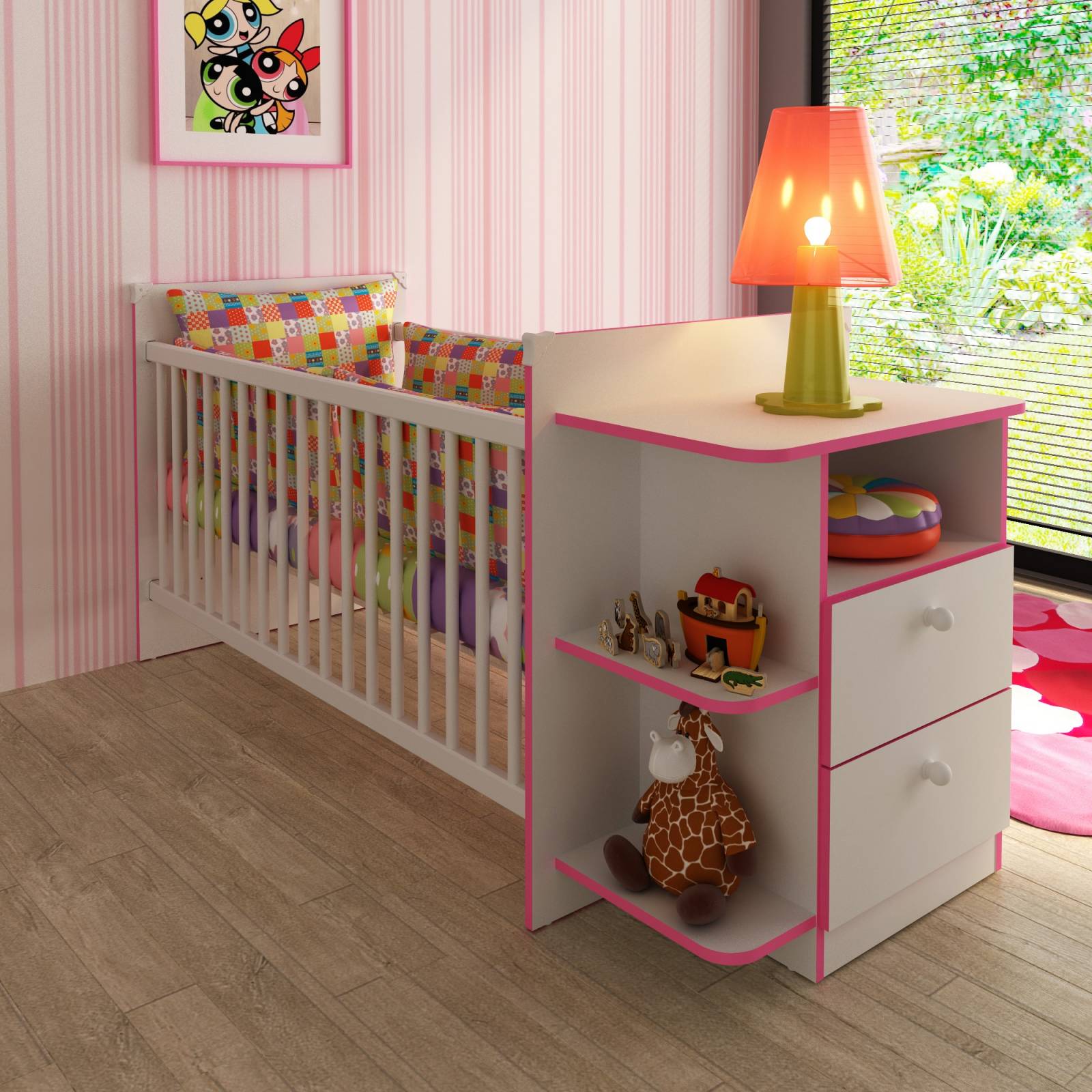 Cuna con Cajonera Color Blanco Rosa Mate Premium