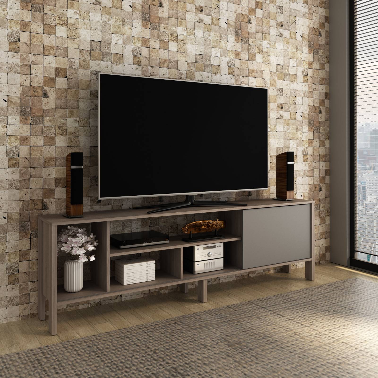 Mueble Para TV 65 Rack Moderno Con Puerta Corrediza Carvalho