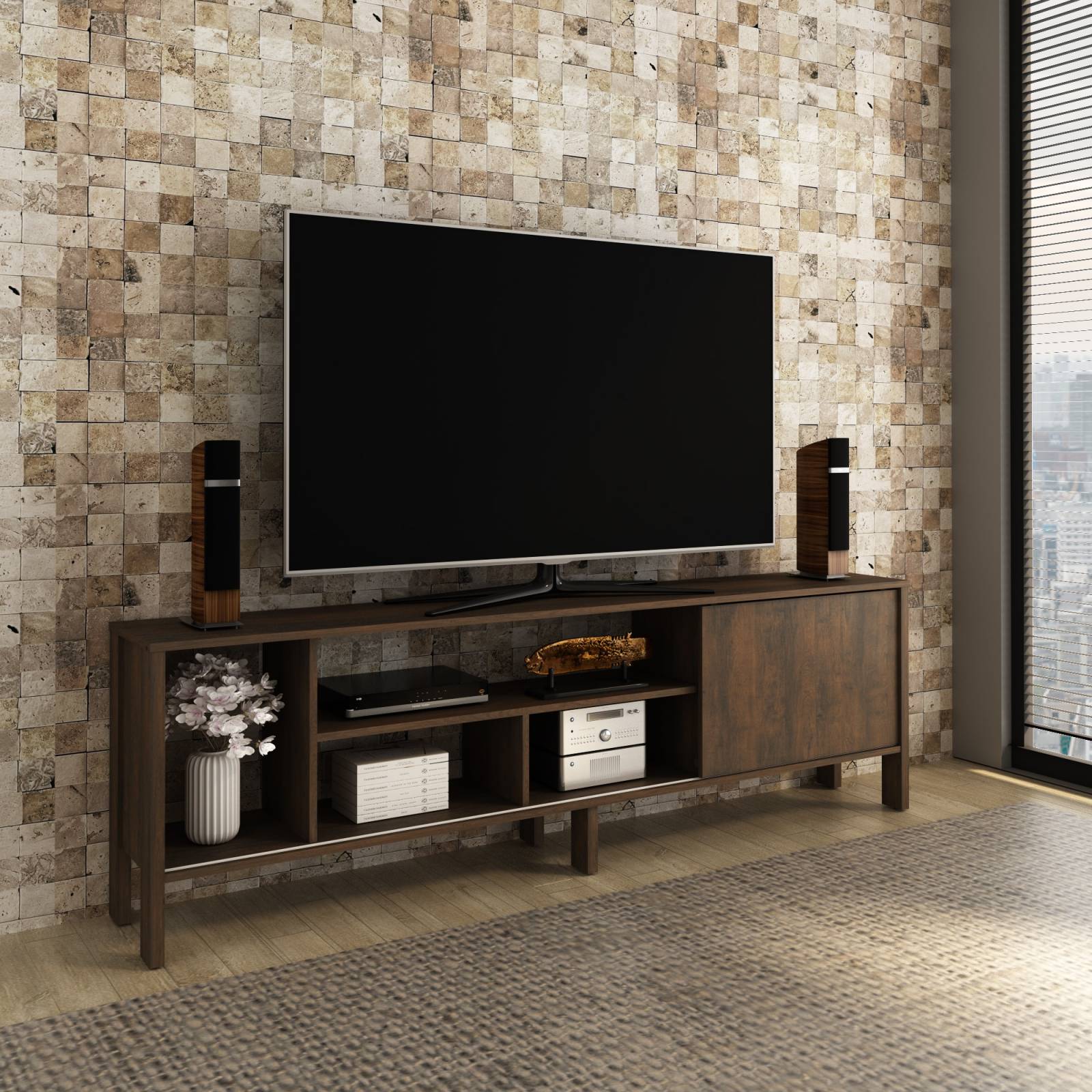 Mueble Para TV 65 Pulg  Rack Moderno Con Puerta Corrediza Rustico