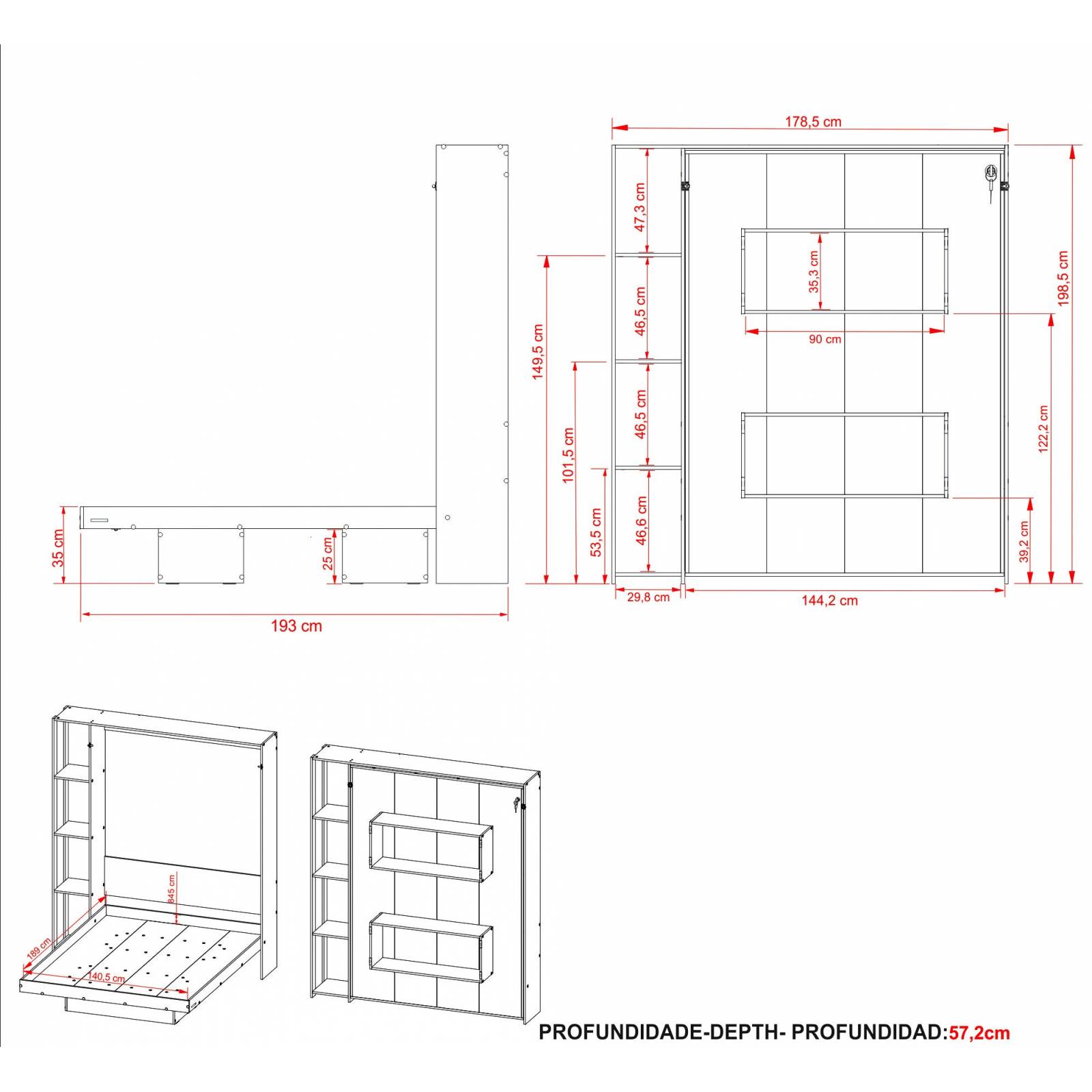Base De Cama Matrimonial Abatible Con Estantes A22 Blanco