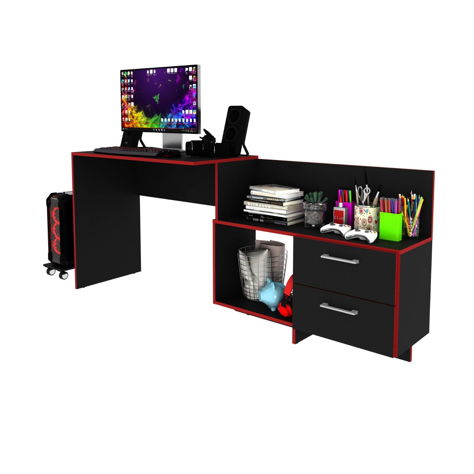 ESCRITORIO GAMER 2 CAJONES NEGRO ROJO ME41790004