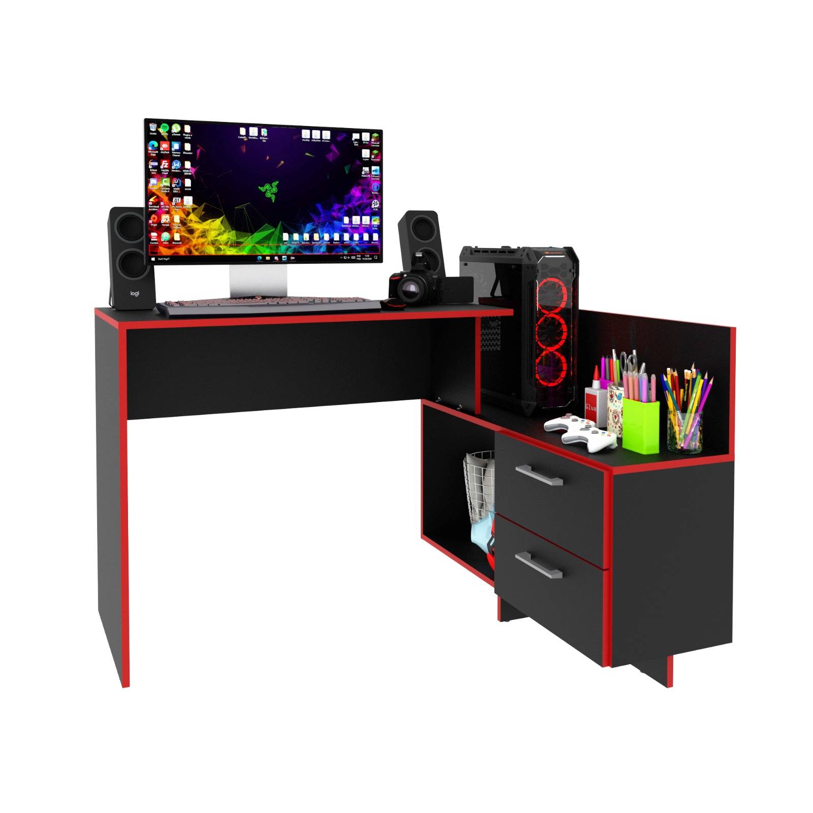 ESCRITORIO GAMER 2 CAJONES NEGRO ROJO ME41790004