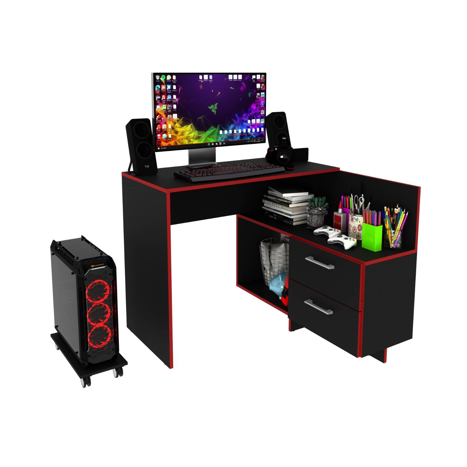 ESCRITORIO GAMER 2 CAJONES NEGRO ROJO ME41790004