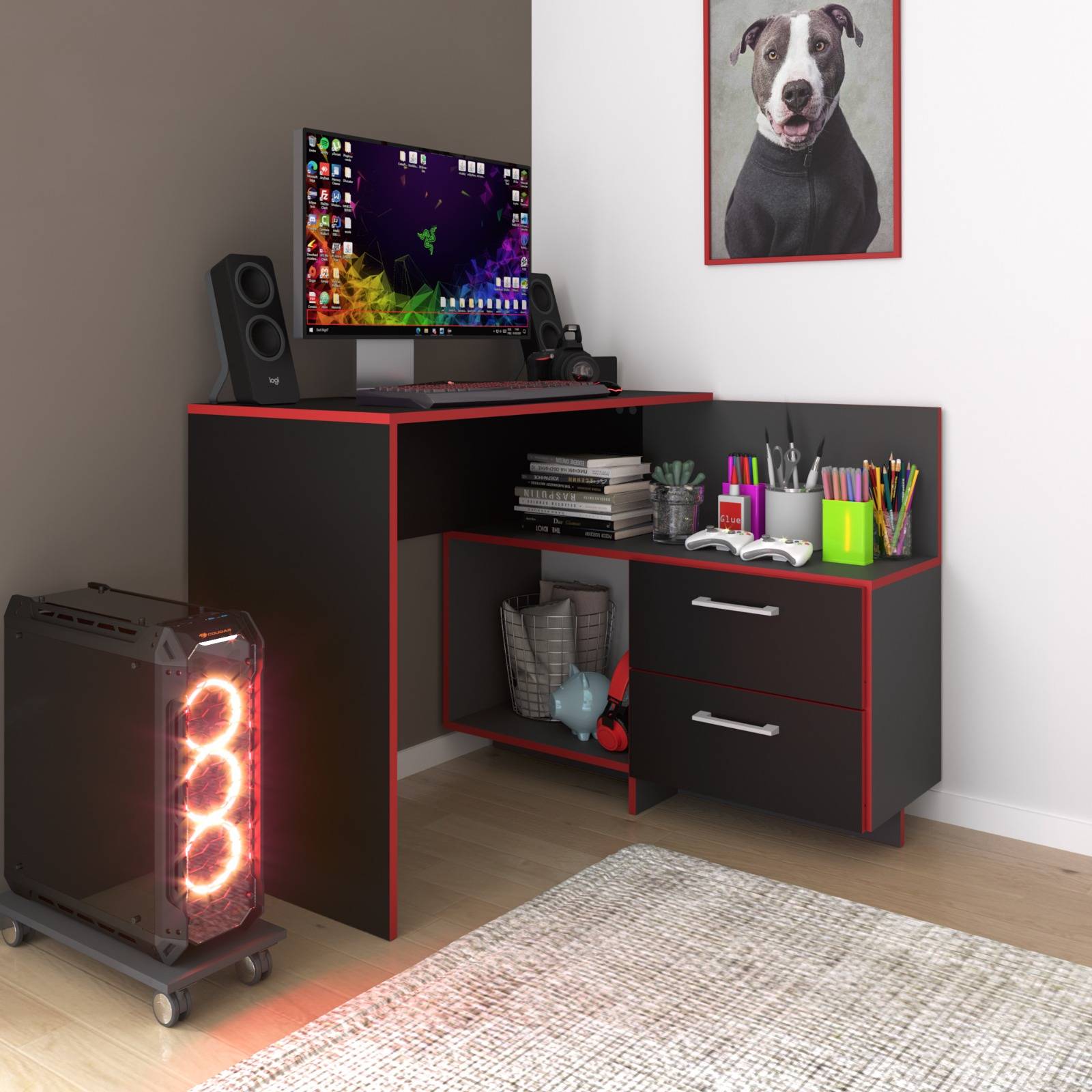 ESCRITORIO GAMER 2 CAJONES NEGRO ROJO ME41790004