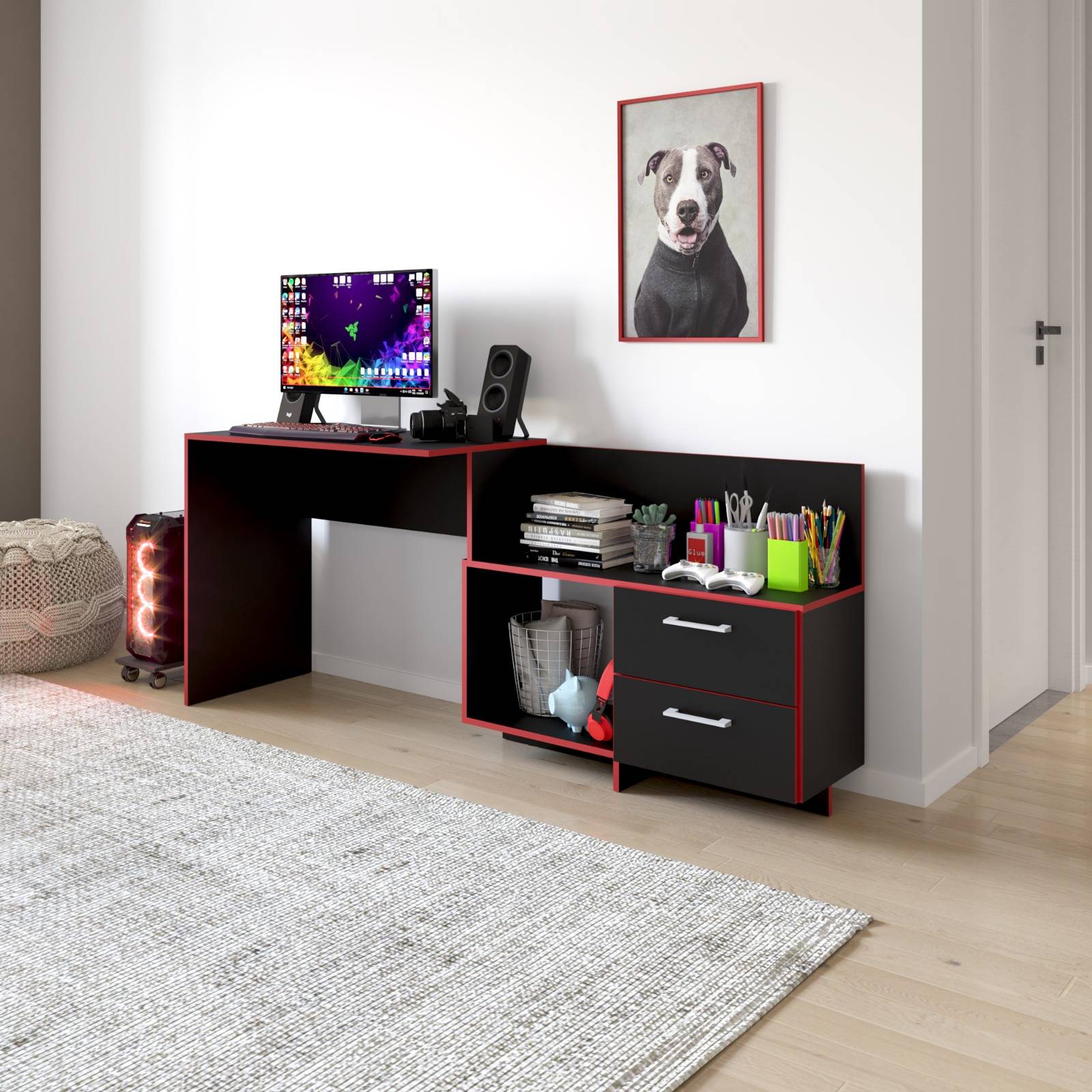 ESCRITORIO GAMER 2 CAJONES NEGRO ROJO ME41790004