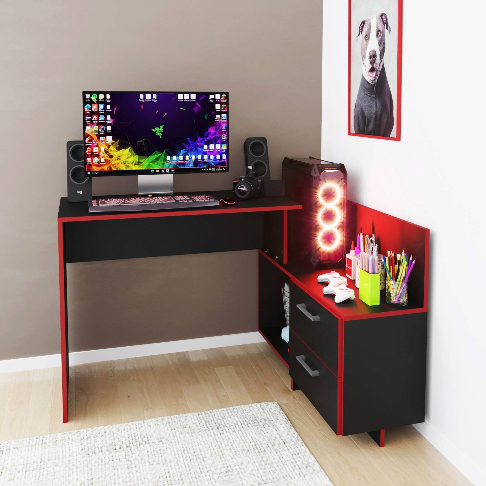 ESCRITORIO GAMER 2 CAJONES NEGRO ROJO ME41790004