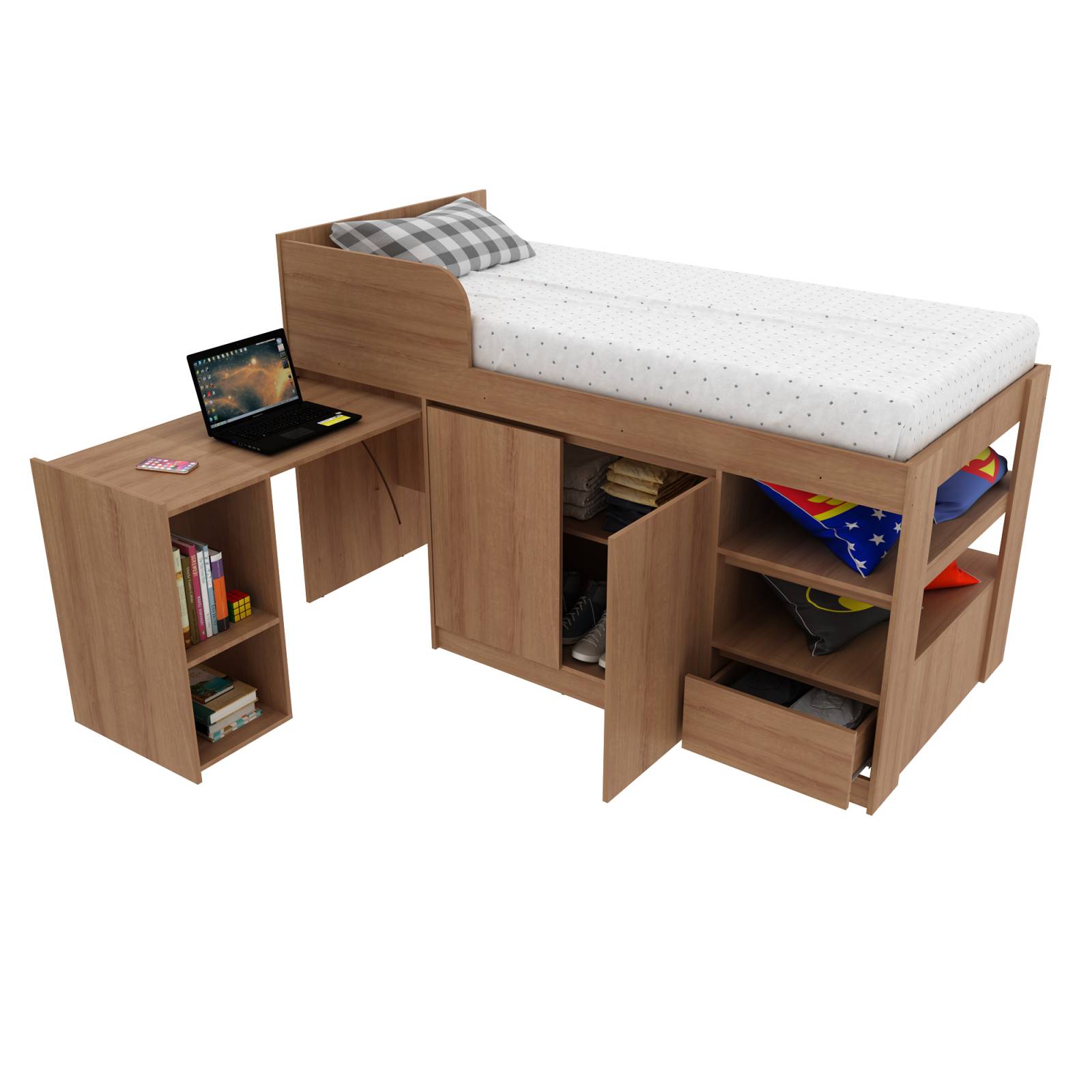 Mueble Cama Individual color Almendra con Escritorio Modelo CM80210001.