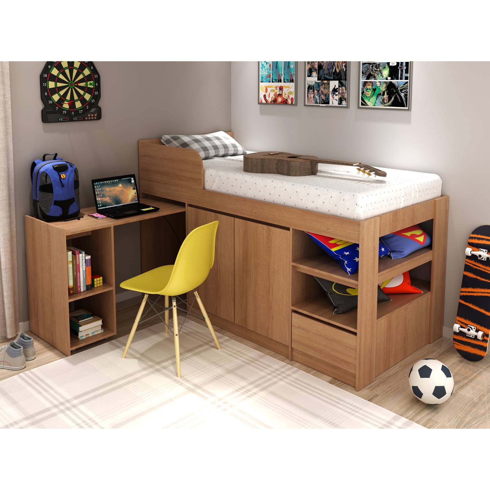 Mueble Cama Individual color Almendra con Escritorio Modelo CM80210001.