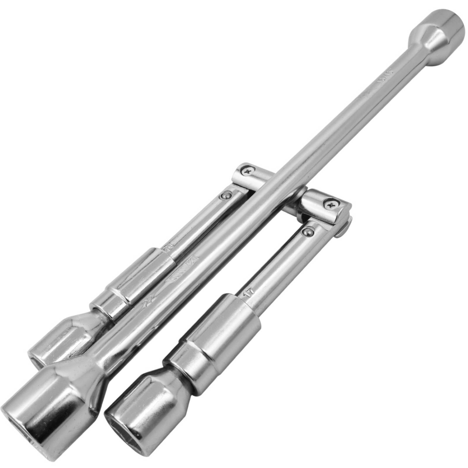 Knova Llave de cruz plegable 14" para remover birlos/tuercas de llantas, universal con 4 bocas de: 17 mm, 19 mm, 13/16" y 22 mm