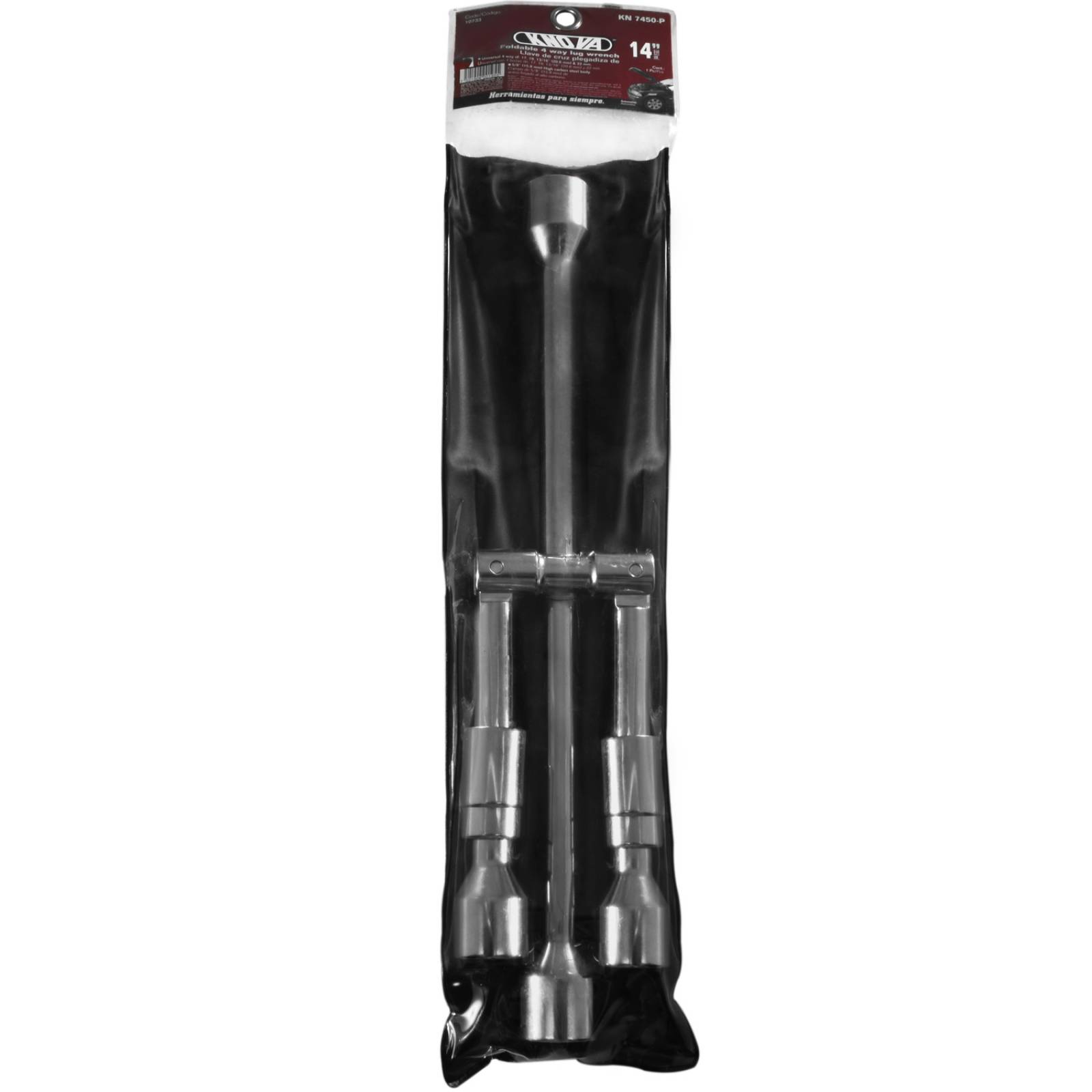 Knova Llave de cruz plegable 14" para remover birlos/tuercas de llantas, universal con 4 bocas de: 17 mm, 19 mm, 13/16" y 22 mm