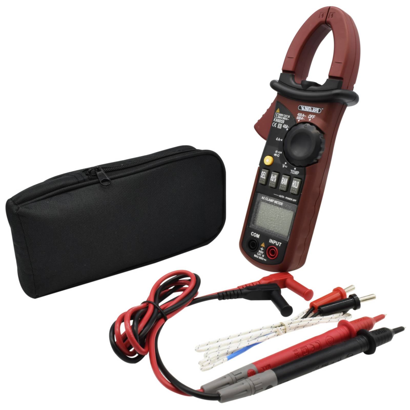 Knova Multímetro/ Voltímetro/Amperímetro de gancho, c/cables de pruebas pantalla LCD retroiluminada, estuche transportador, gancho iluminado, autorrango, Norma: IEC1010-1 standard CAT III 600V