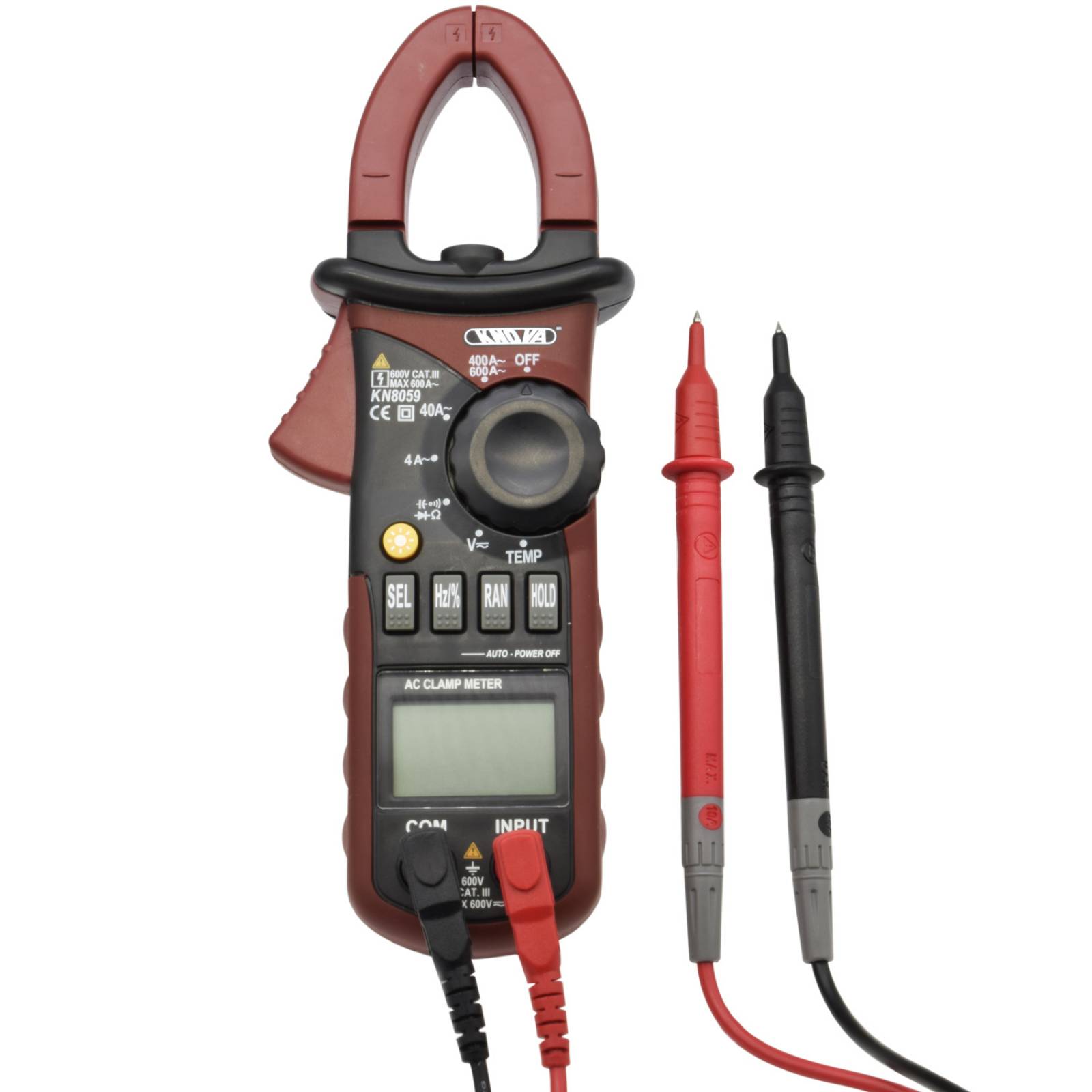 Knova Multímetro/ Voltímetro/Amperímetro de gancho, c/cables de pruebas pantalla LCD retroiluminada, estuche transportador, gancho iluminado, autorrango, Norma: IEC1010-1 standard CAT III 600V