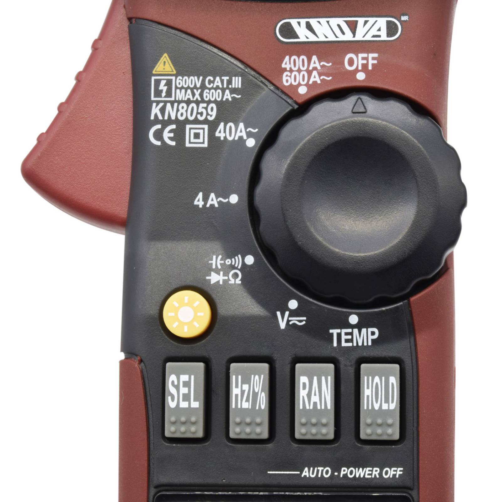 Knova Multímetro/ Voltímetro/Amperímetro de gancho, c/cables de pruebas pantalla LCD retroiluminada, estuche transportador, gancho iluminado, autorrango, Norma: IEC1010-1 standard CAT III 600V