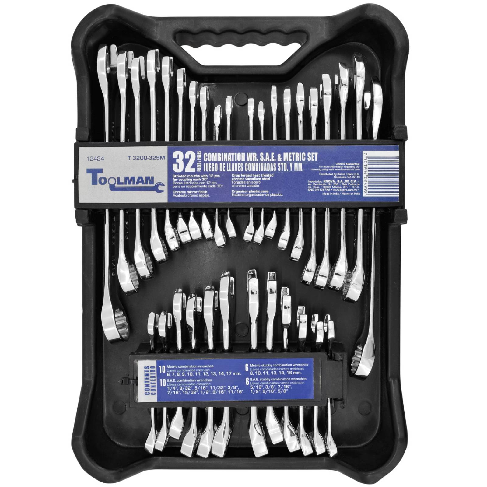 Toolman Llaves Combinadas Estándar y Milimétricas de 32 Piezas 12 puntas 30 grados c/estuche