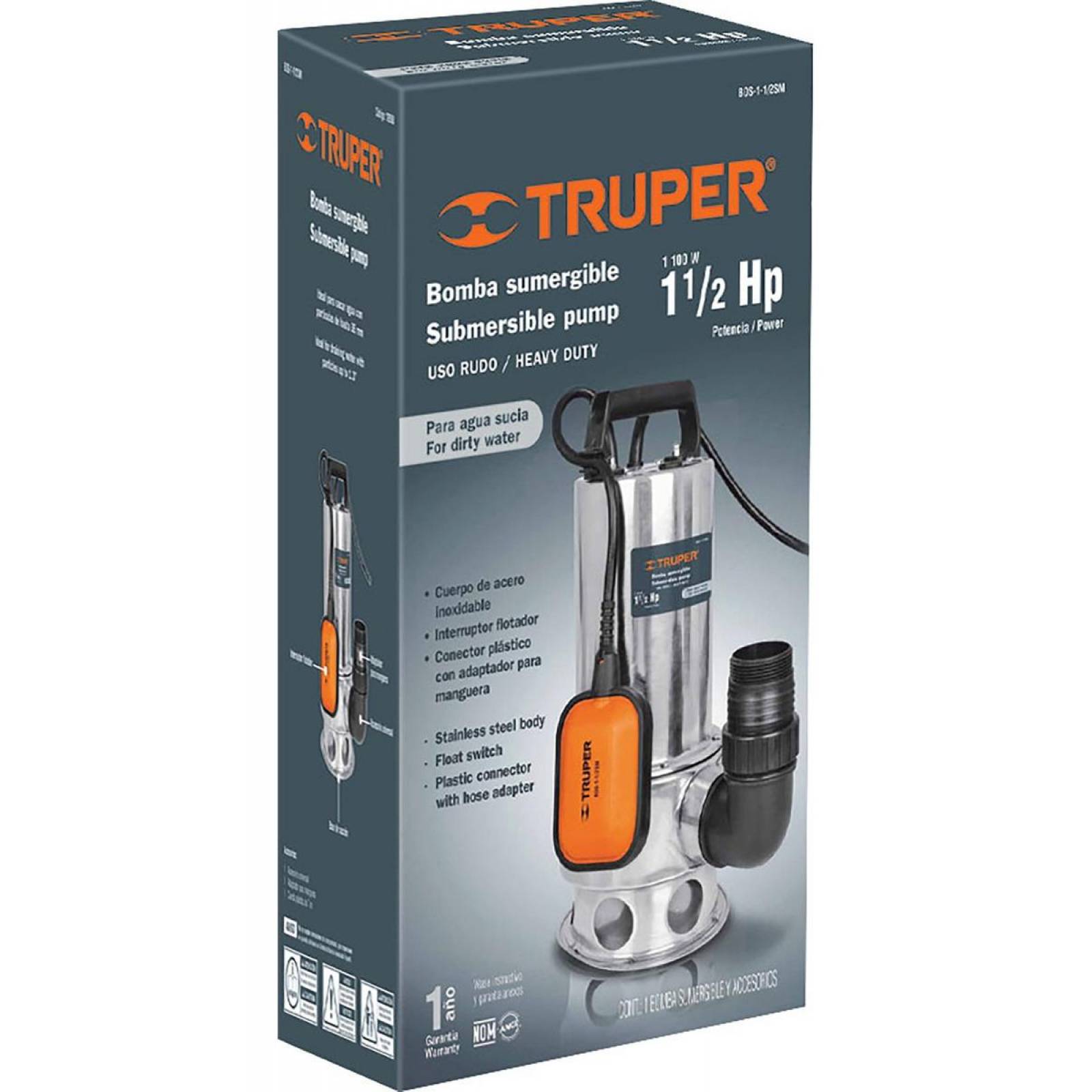 Bomba sumergible acero inoxidable,agua sucia,1-1/2HP, Truper 