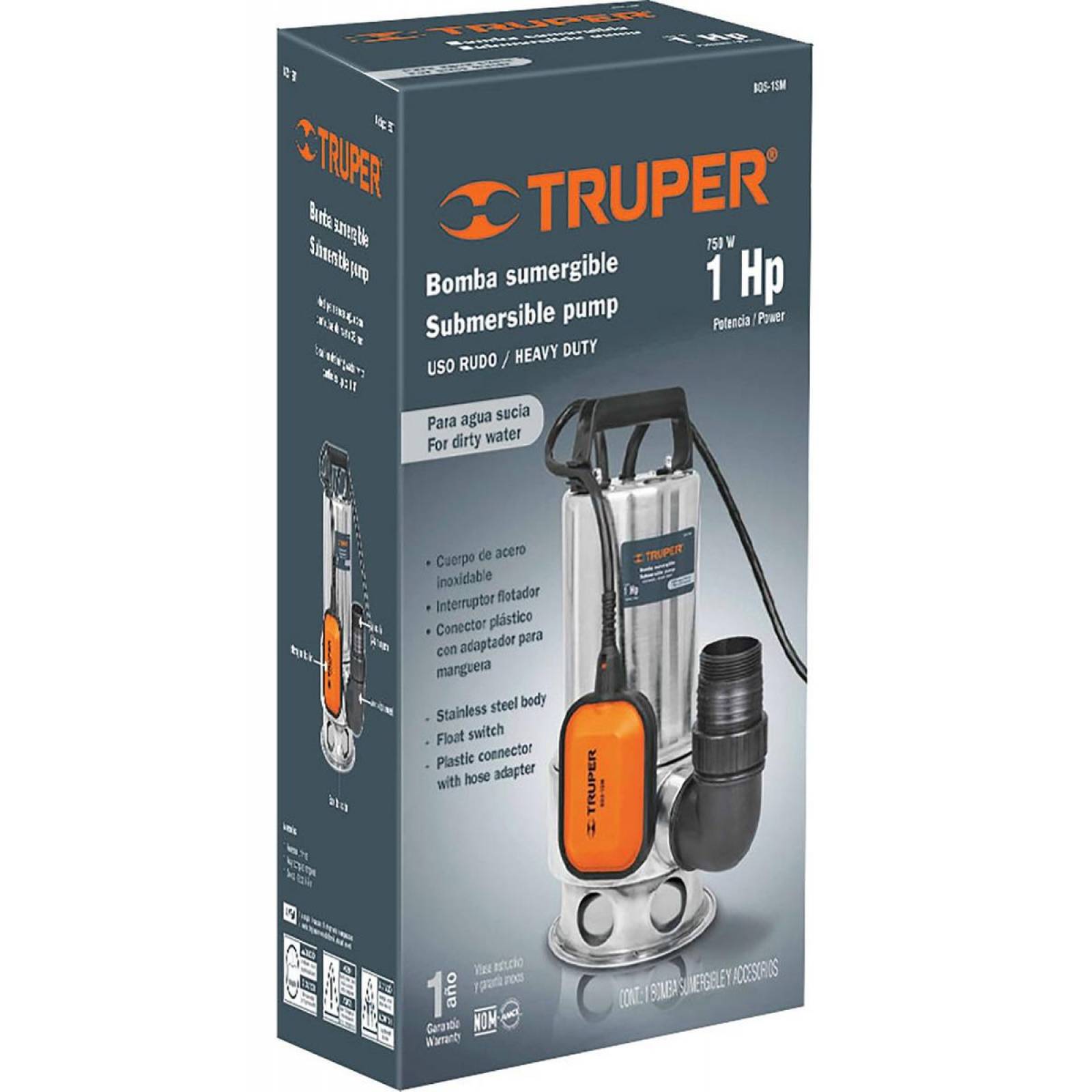 Bomba sumergible acero inoxidable, agua sucia, 1HP, Truper 