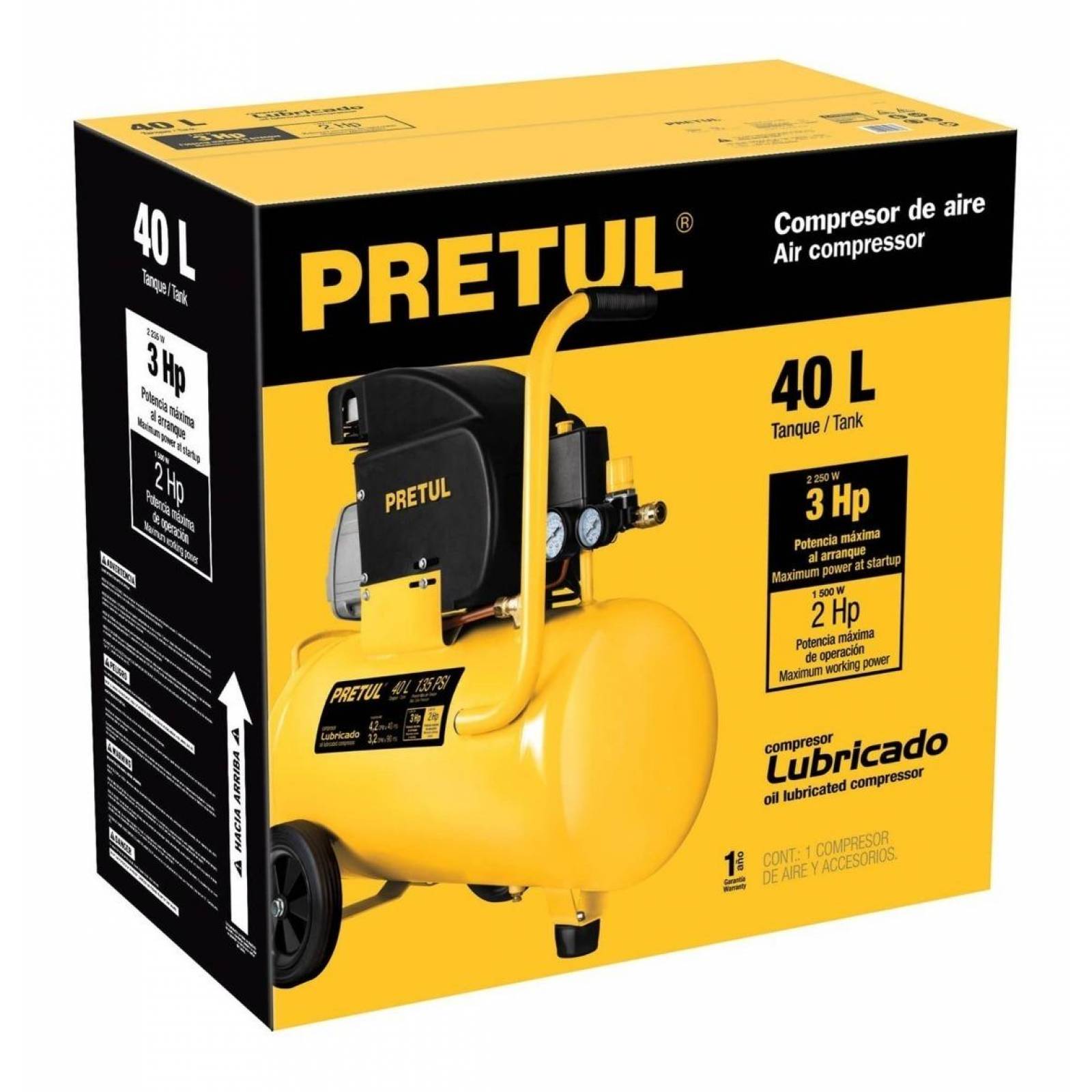 Compresor de aire, lubricado, horizontal 40L 3HP 127V Pretul 