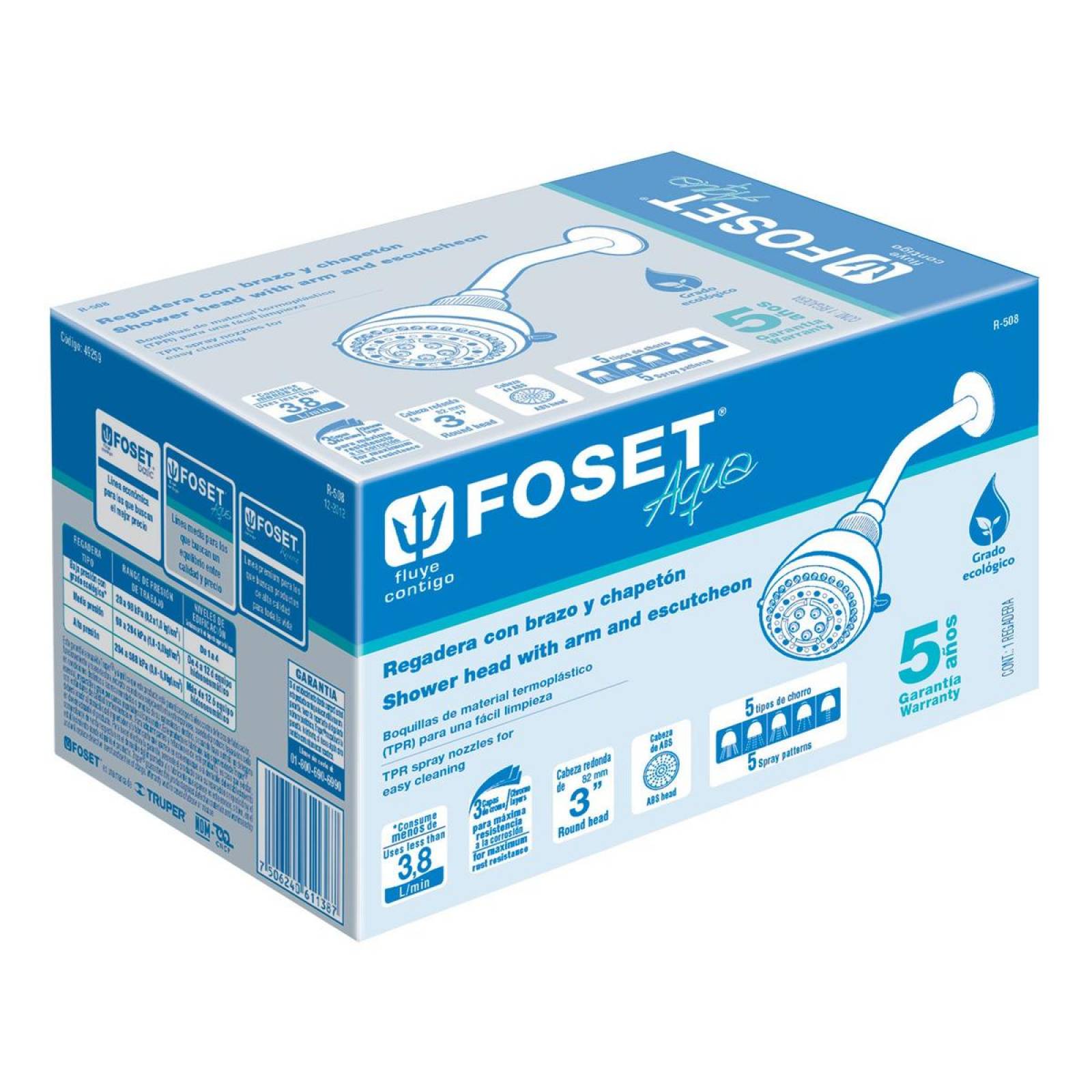 Regadera Plástica 5 Funciones Con Brazo Aqua Foset 49259 