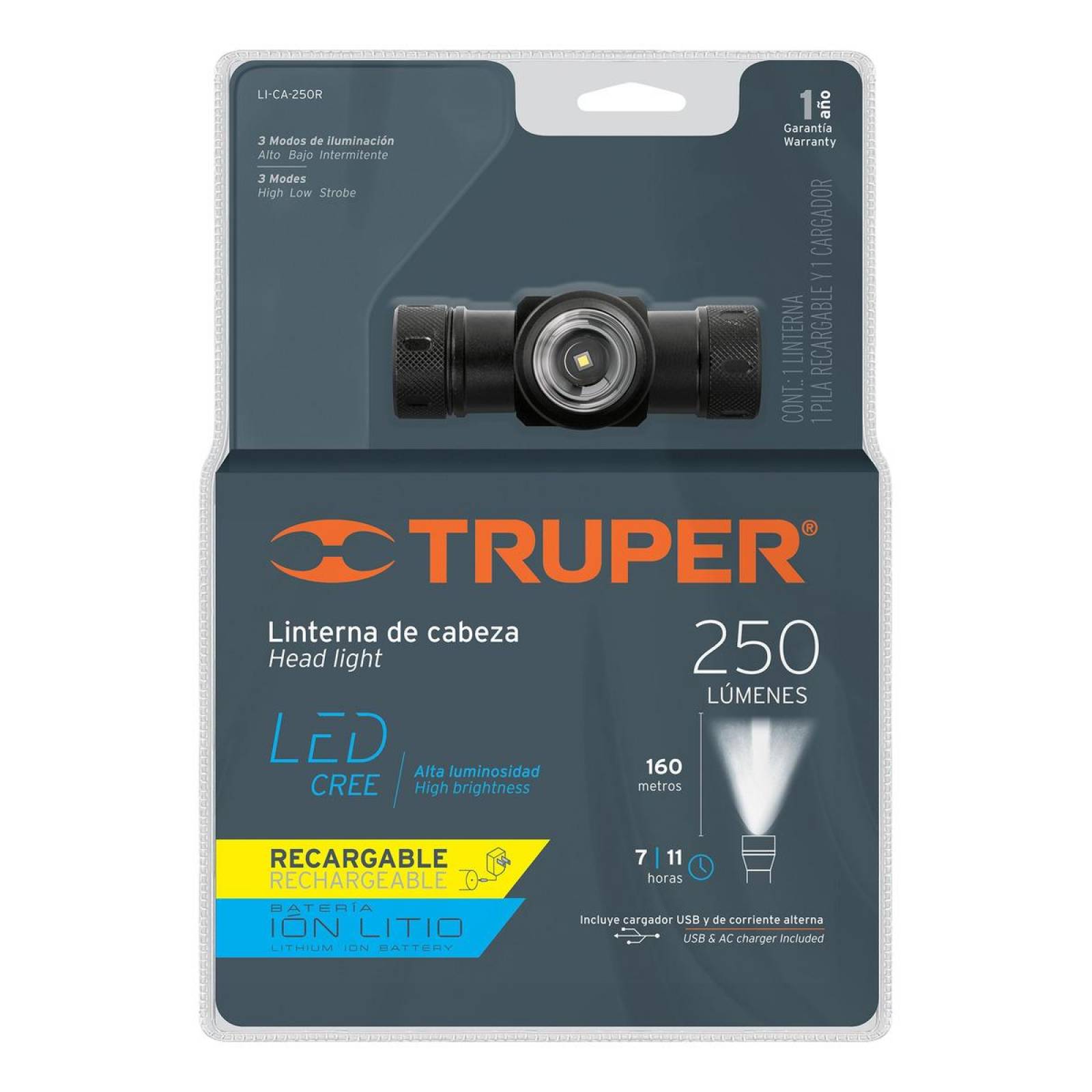 linterna tipo minero 1 led recargable truper 18435